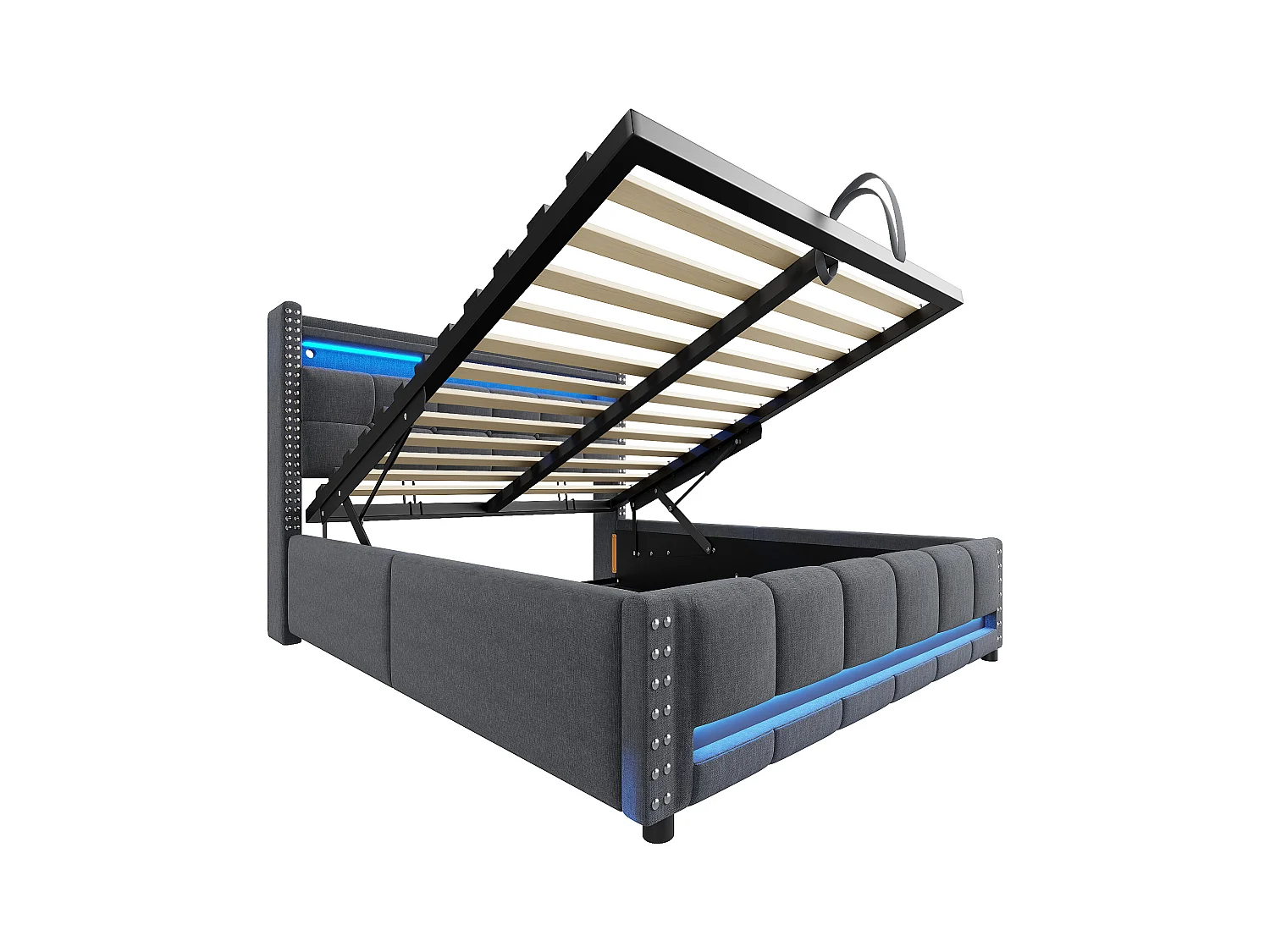 Cama com arrumação 140x200cm - Cama de adulto com iluminação LED e carregamento USB - Cabeceira com prateleiras e espaço para arrumação - Linho cinzento