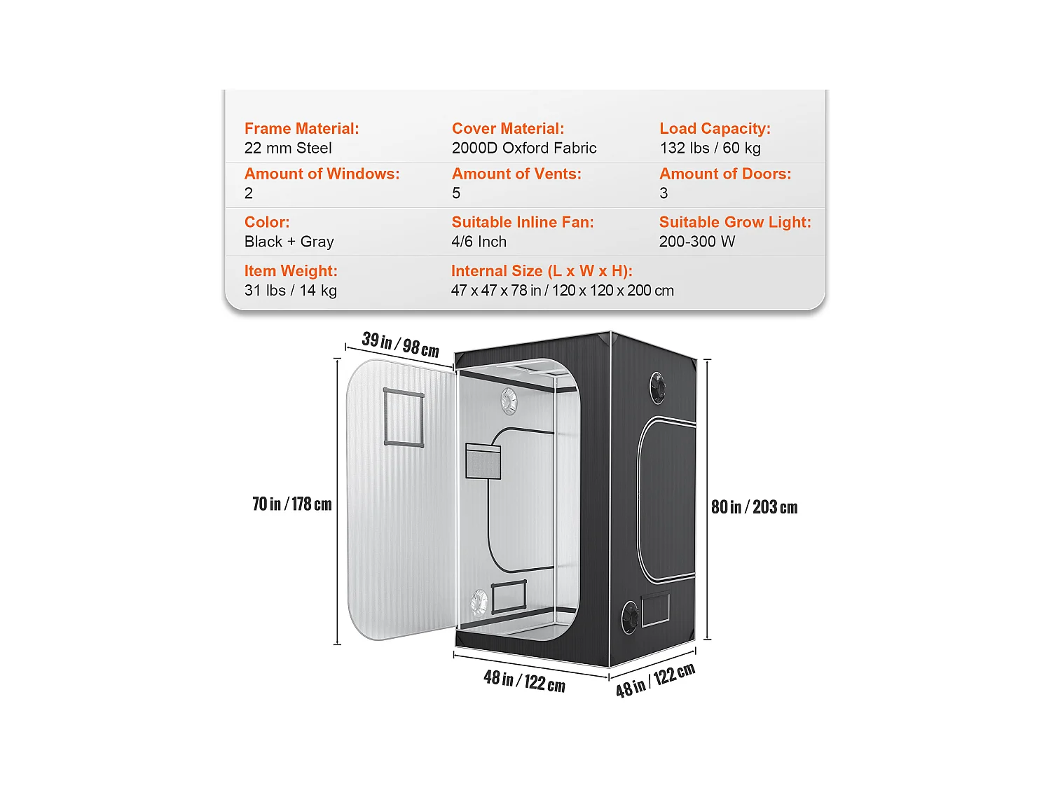 Tente de Culture SucceBuy 122x122x203 cm, avec Fenêtre d'Observation, Sac à Outils, Plateau de Sol pour Culture de Plantes d'Intérieur