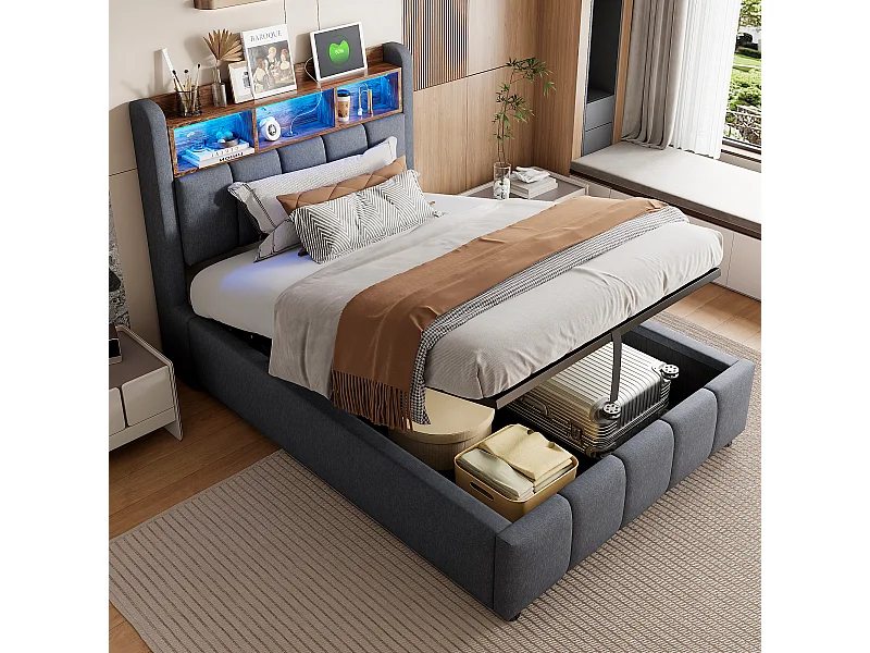 90x200cm Bett mit Stauraum - Kinderbett mit LED-Beleuchtung und USB-Ladefunktion - kopfteil mit regalen und stauraum - graues leinen