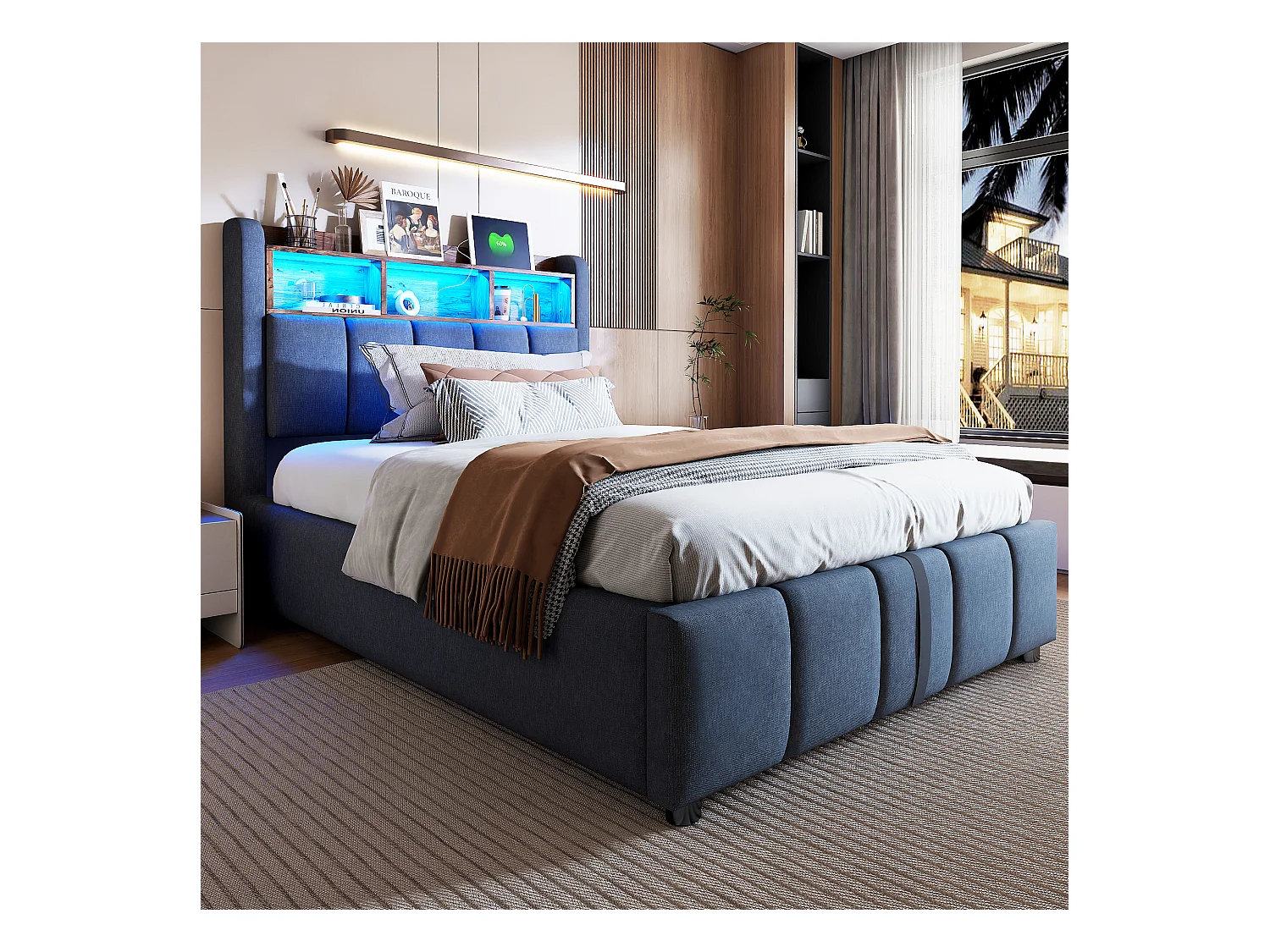 90x200cm Bett mit Stauraum - Kinderbett mit LED-Beleuchtung und USB-Ladefunktion - kopfteil mit regalen und stauraum - graues leinen