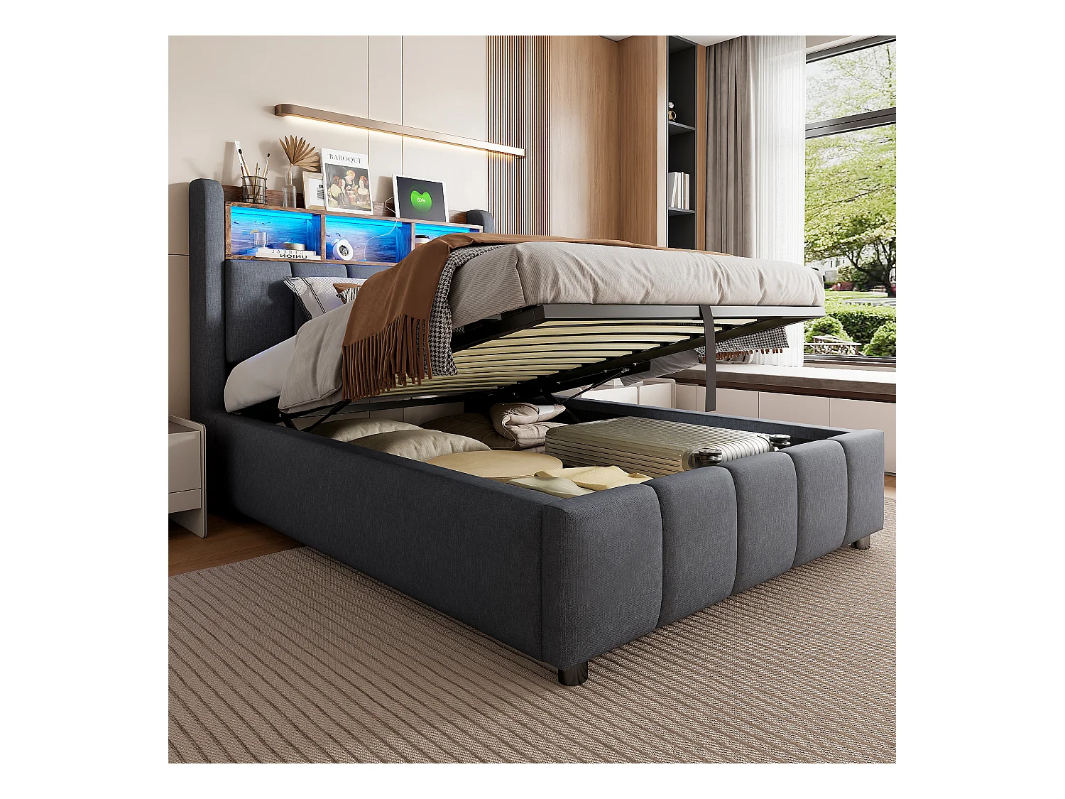 90x200cm Bett mit Stauraum - Kinderbett mit LED-Beleuchtung und USB-Ladefunktion - kopfteil mit regalen und stauraum - graues leinen