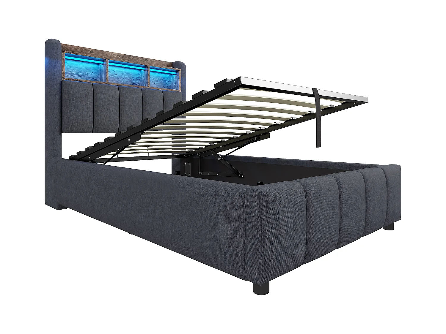 90x200cm Bett mit Stauraum - Kinderbett mit LED-Beleuchtung und USB-Ladefunktion - kopfteil mit regalen und stauraum - graues leinen