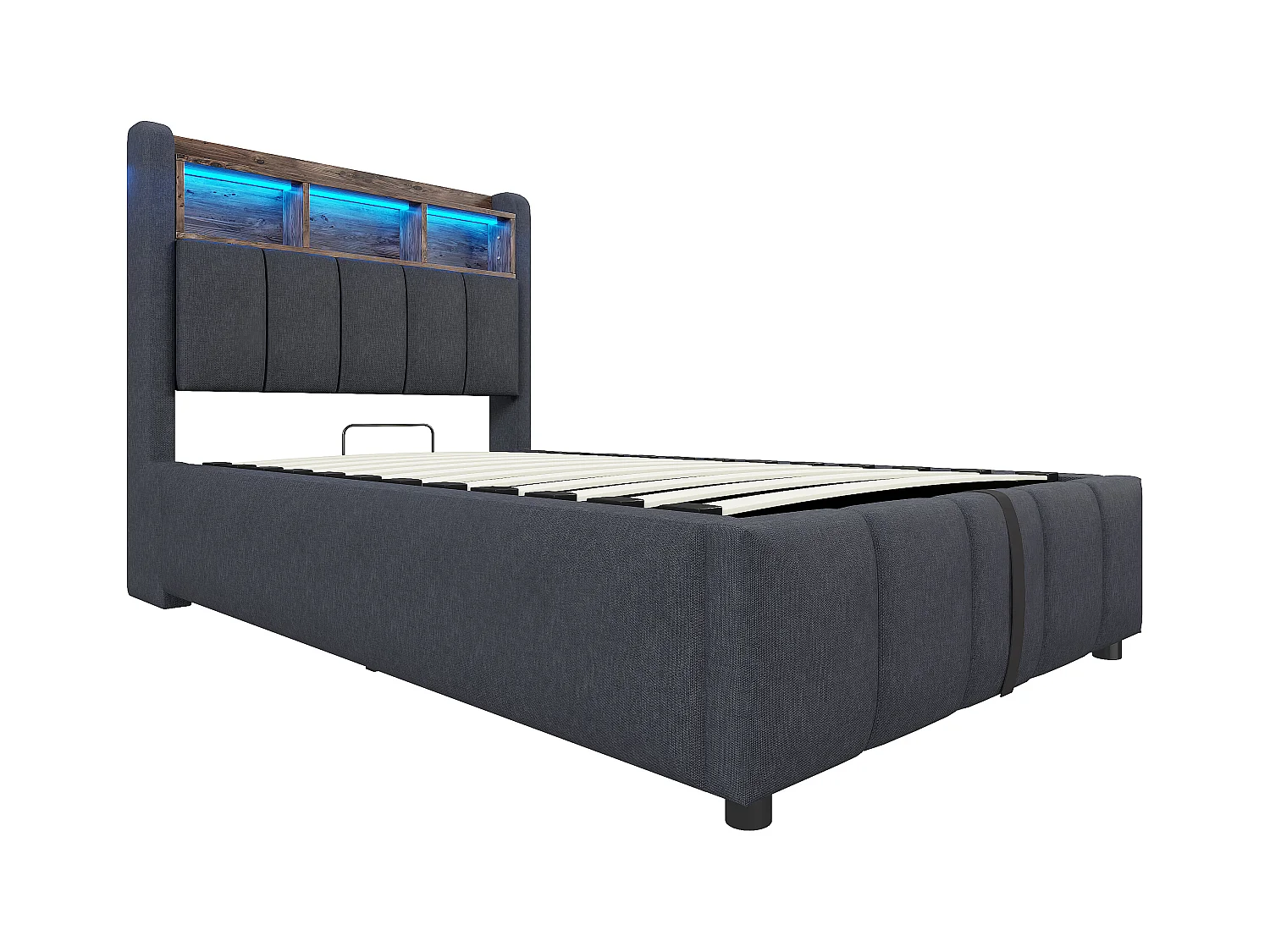 90x200cm Bett mit Stauraum - Kinderbett mit LED-Beleuchtung und USB-Ladefunktion - kopfteil mit regalen und stauraum - graues leinen