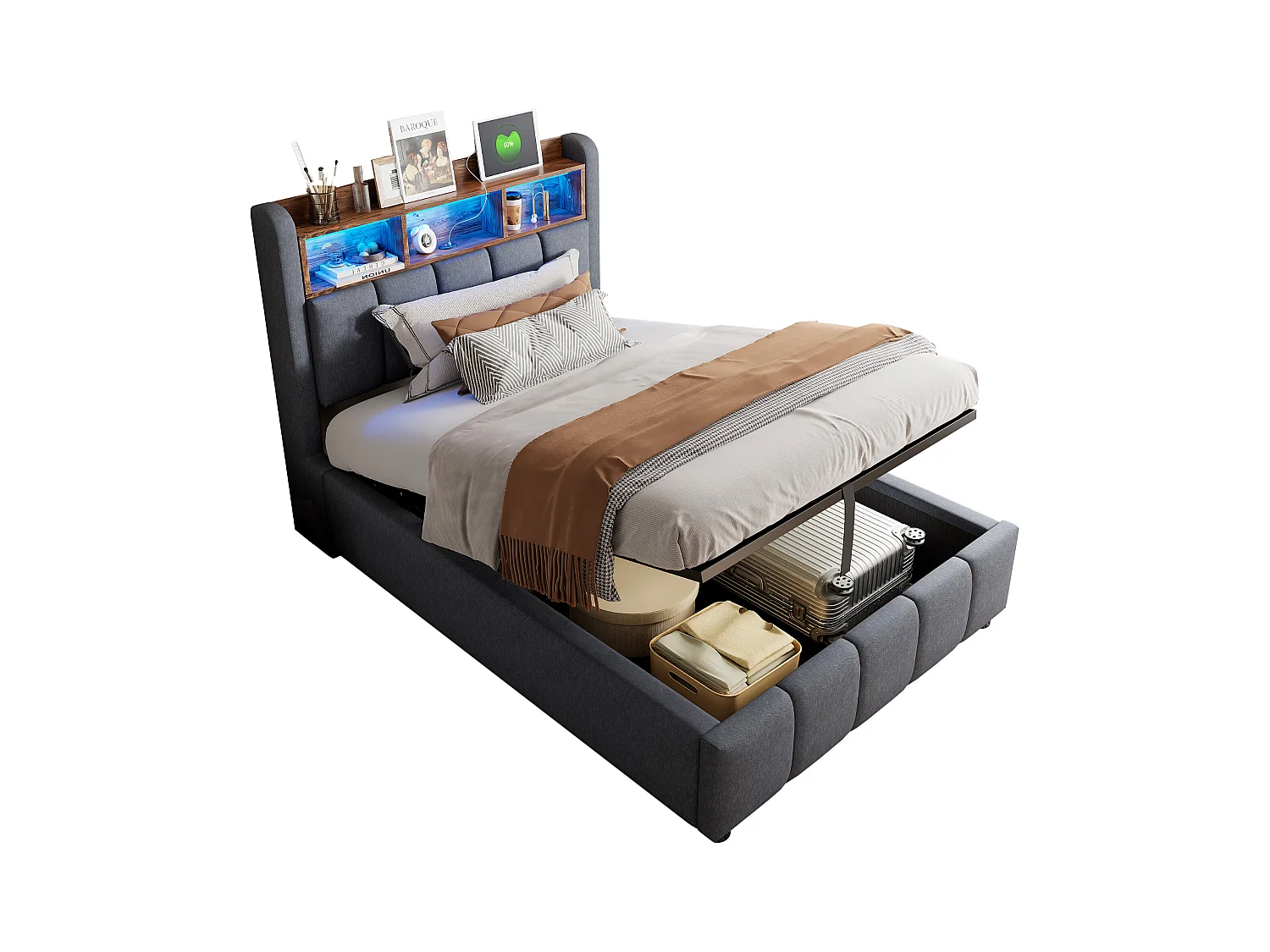 90x200cm Bett mit Stauraum - Kinderbett mit LED-Beleuchtung und USB-Ladefunktion - kopfteil mit regalen und stauraum - graues leinen