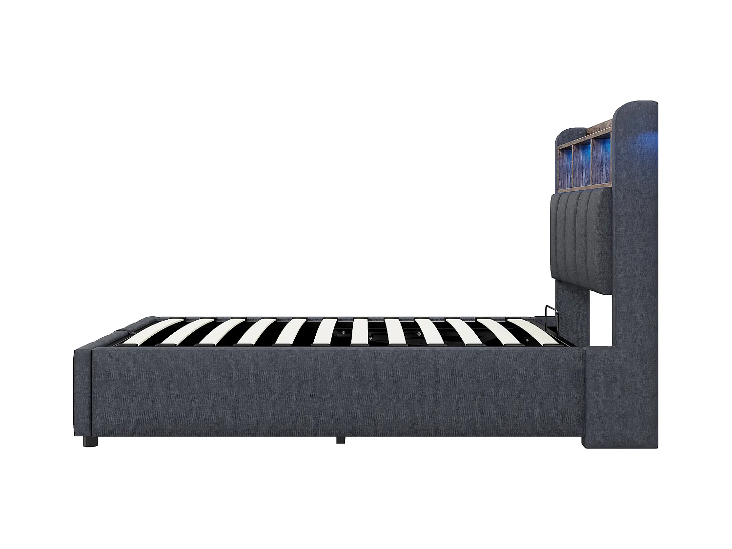 90x200cm Bett mit Stauraum - Kinderbett mit LED-Beleuchtung und USB-Ladefunktion - kopfteil mit regalen und stauraum - graues leinen