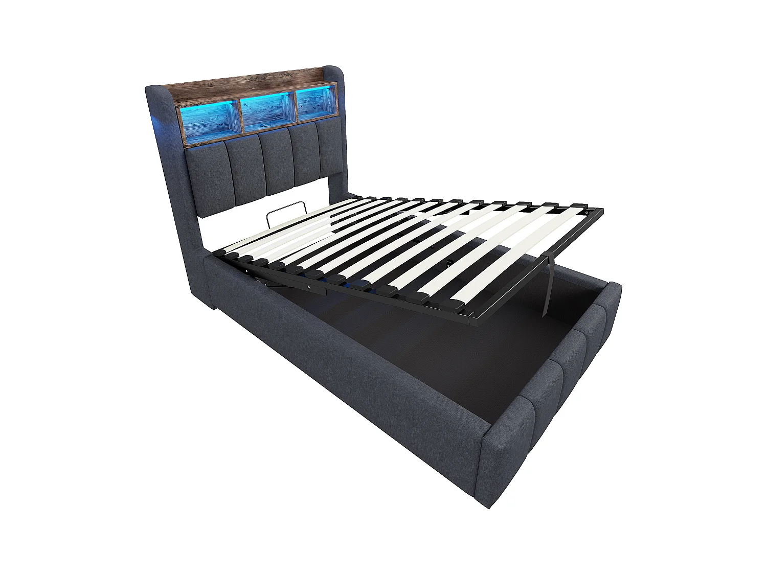 90x200cm Bett mit Stauraum - Kinderbett mit LED-Beleuchtung und USB-Ladefunktion - kopfteil mit regalen und stauraum - graues leinen