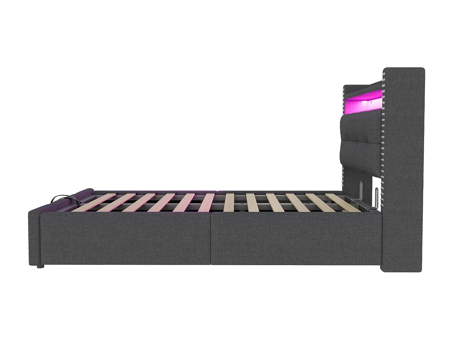 Lit coffre 90x200 cm - Lit enfant avec éclairage LED et recharge USB - tête de lit avec rangement - lin gris