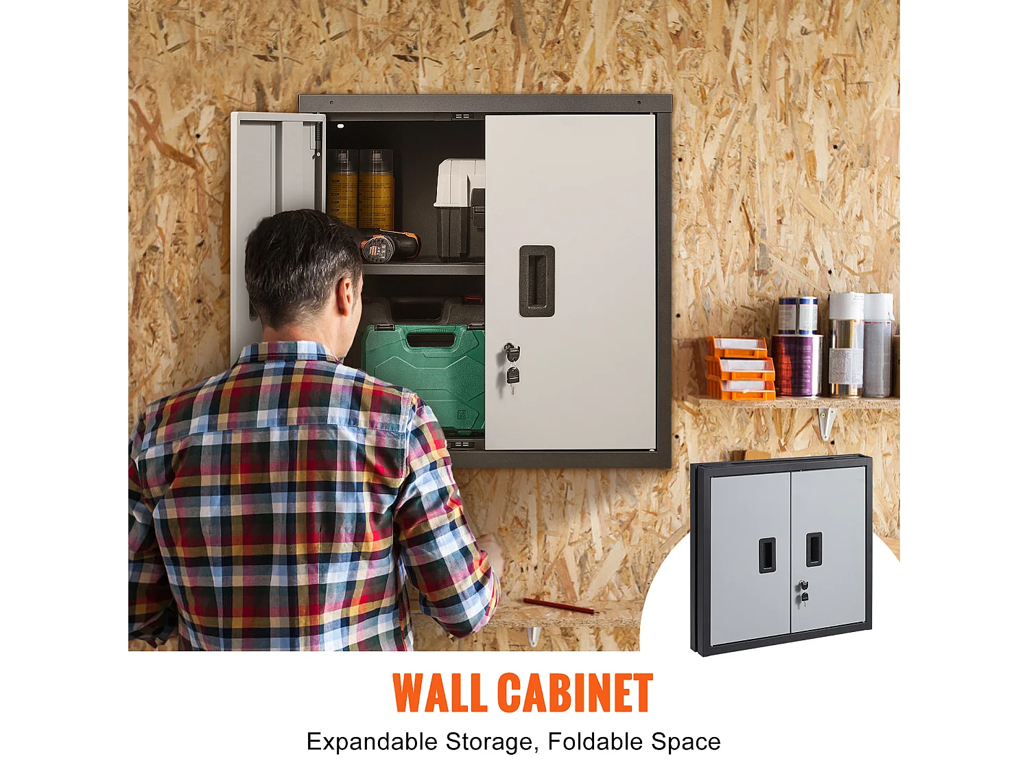 Armoire SucceBuy Murale Pliable, Rangement de Garage de 66cm, Montage Mural, 109kg, Parfaite pour Optimiser l'Espace de Stockage