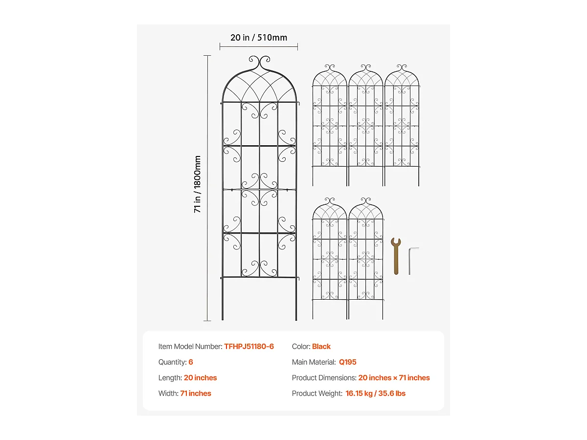 Treillis de Jardin SucceBuy Lot de 4 Treillis de Jardin en Métal 180.34 x 50.8 cm, Support pour Plantes Grimpantes, Antirouille