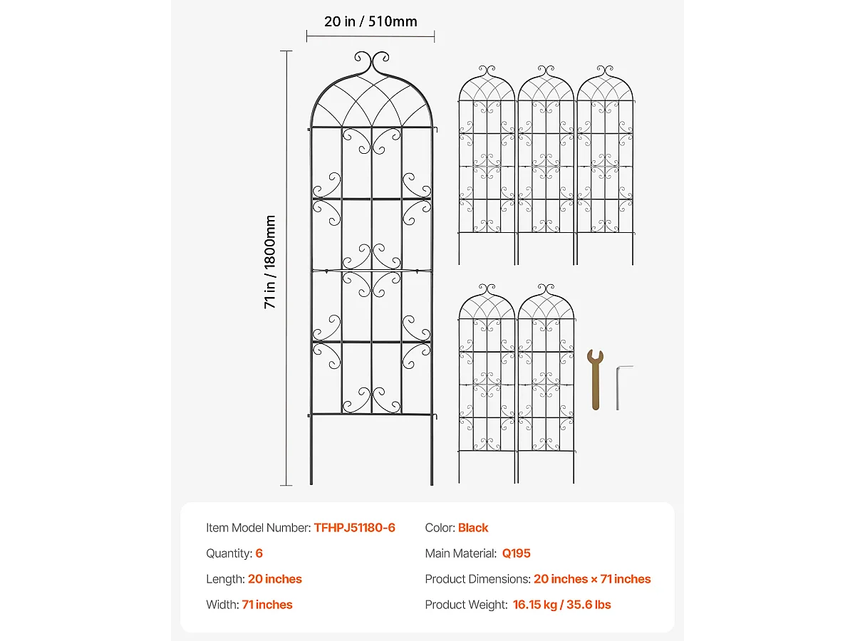 Treillis de Jardin SucceBuy Lot de 4 Treillis de Jardin en Métal 180.34 x 50.8 cm, Support pour Plantes Grimpantes, Antirouille