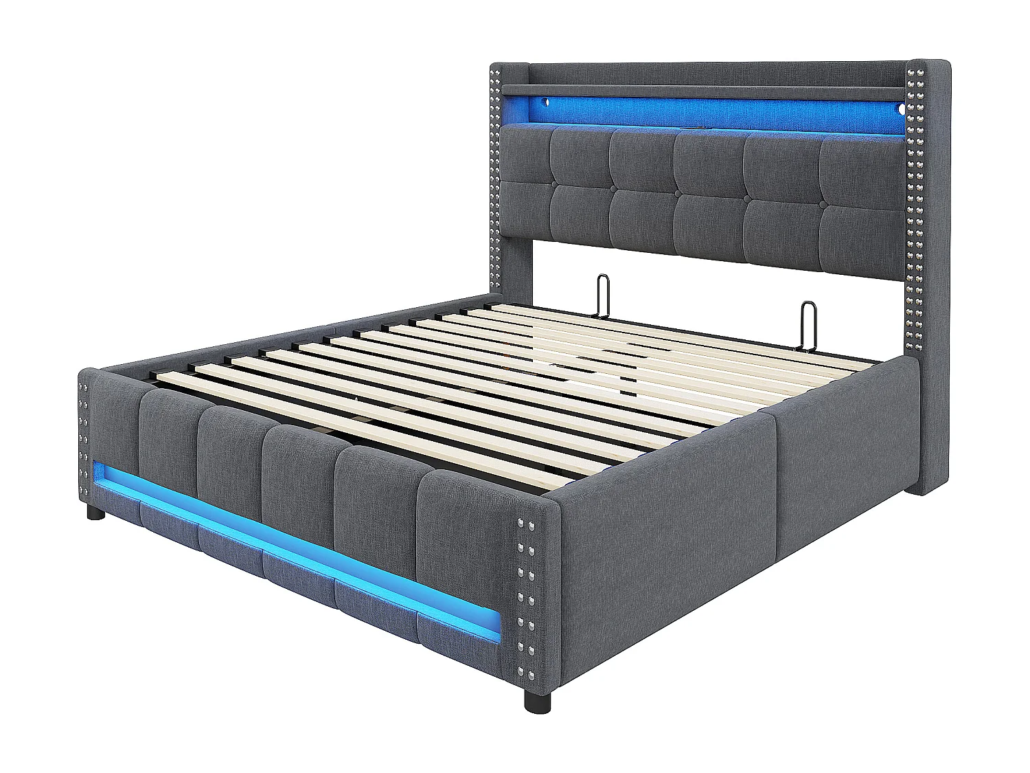 Łóżko 160x200 cm z pojemnikiem - Łóżko dla dorosłych z oświetleniem LED i ładowaniem USB - Zagłówek ze schowkiem - szary len