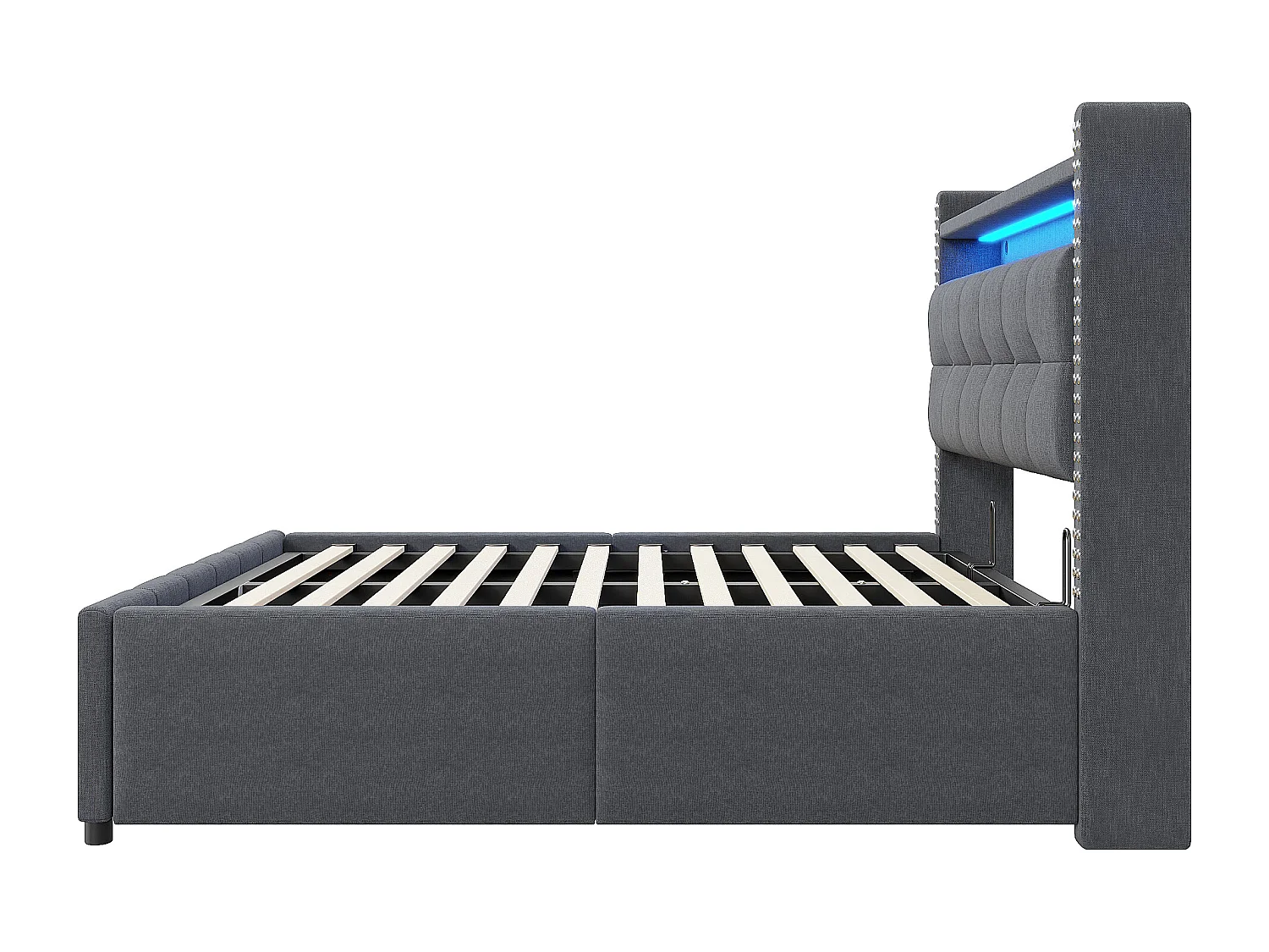 Łóżko 160x200 cm z pojemnikiem - Łóżko dla dorosłych z oświetleniem LED i ładowaniem USB - Zagłówek ze schowkiem - szary len