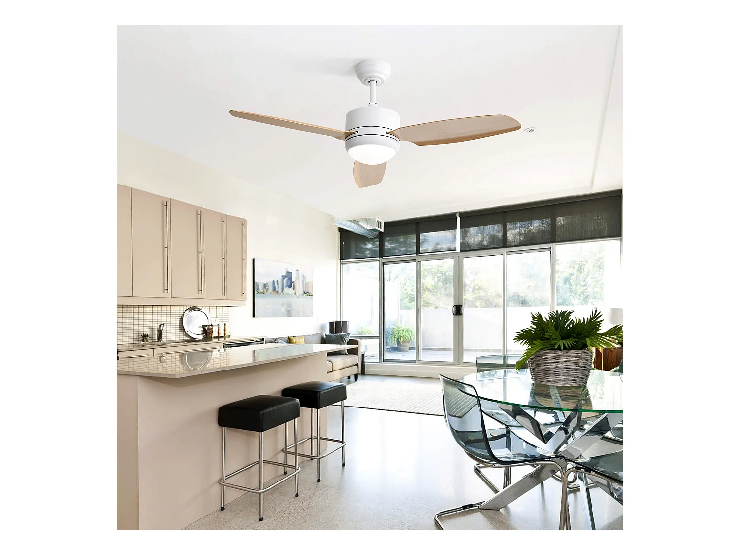 Ventilateur de plafond blanc - Ventilateur de plafond avec lumière LED et 3 pales en ABS - 6 types de ventilateurs avec télécommande - pour salon