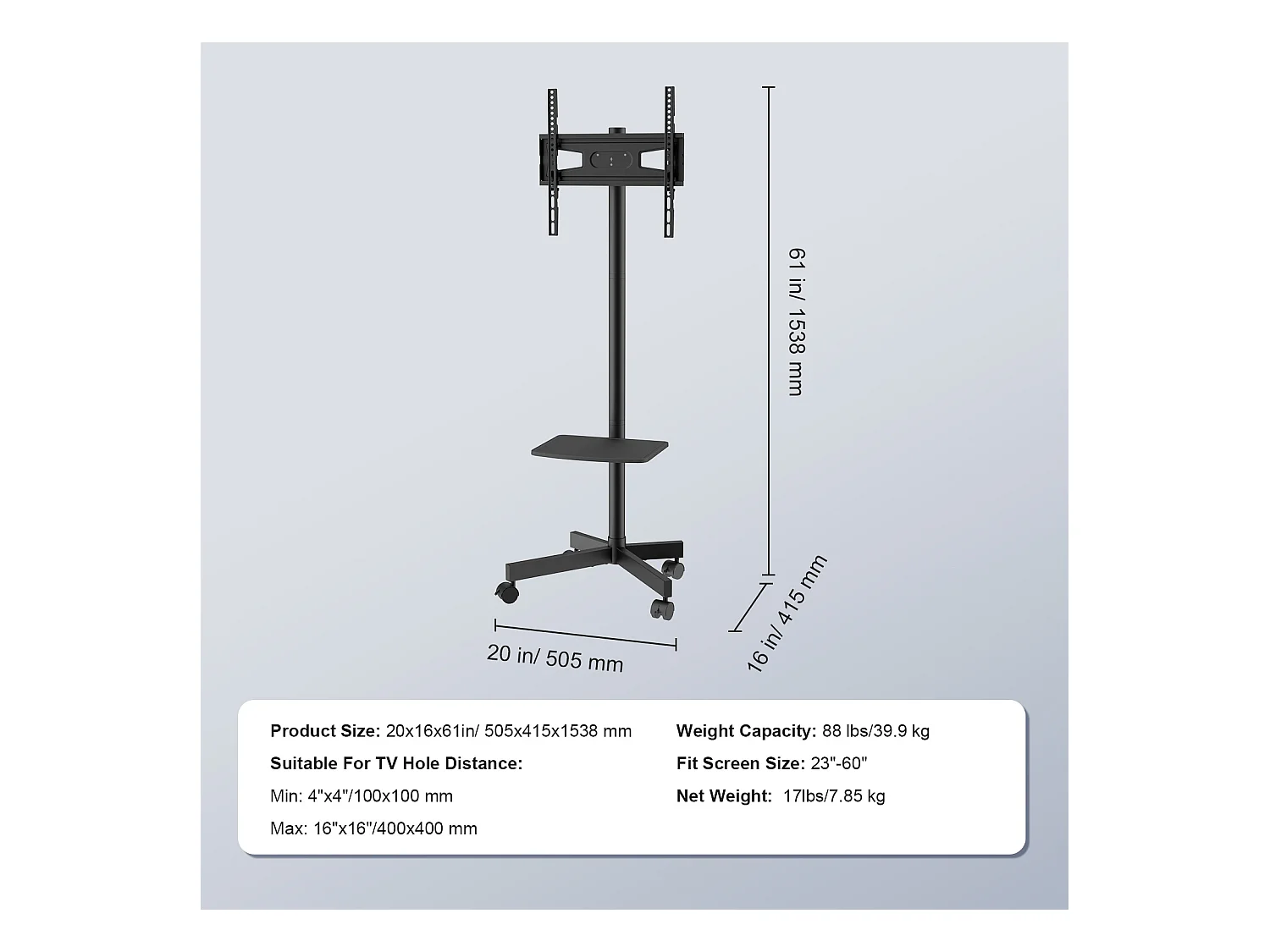 Support TV SucceBuy Mobile pour Téléviseurs de 58 à 152cm, avec Roulettes et Plateau, Portable, Facile à Déplacer dans Différentes Pièces