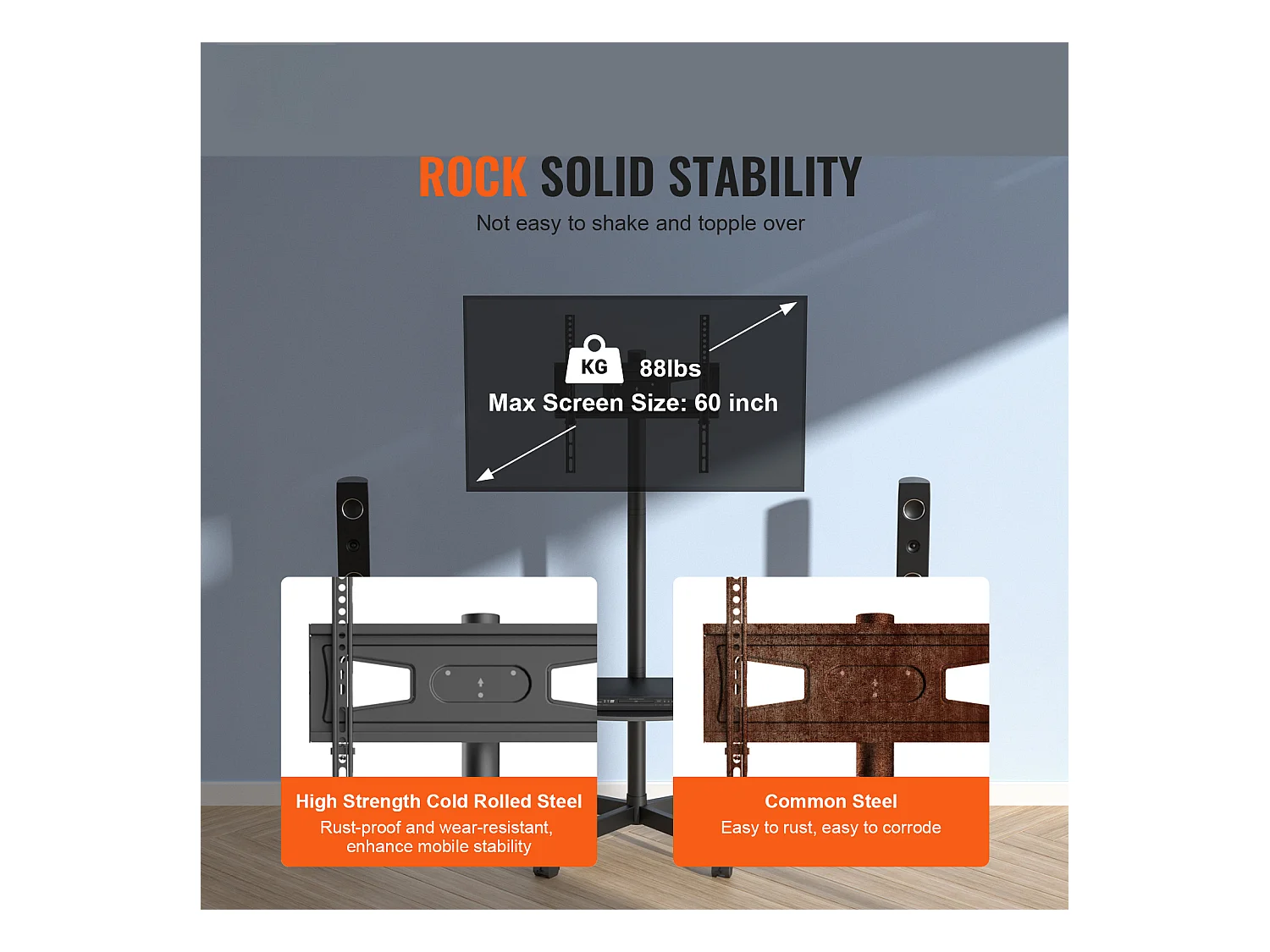 Support TV SucceBuy Mobile pour Téléviseurs de 58 à 152cm, avec Roulettes et Plateau, Portable, Facile à Déplacer dans Différentes Pièces