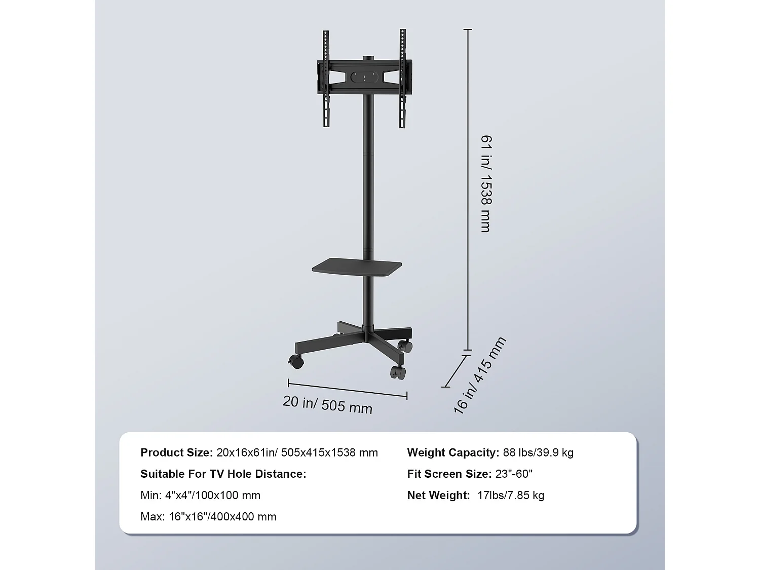 Support TV SucceBuy Mobile pour Téléviseurs de 58 à 152cm, avec Roulettes et Plateau, Portable, Facile à Déplacer dans Différentes Pièces