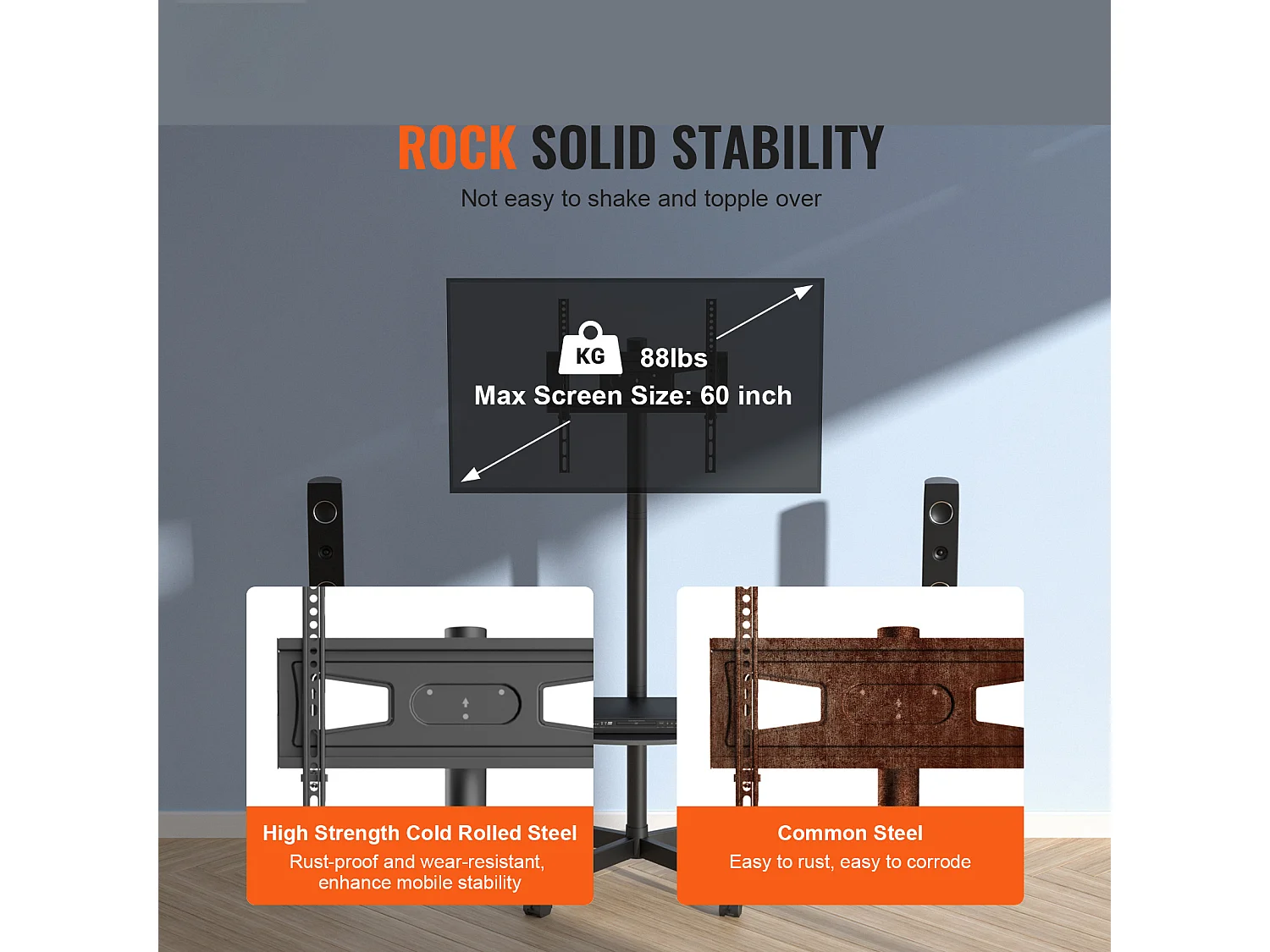 Support TV SucceBuy Mobile pour Téléviseurs de 58 à 152cm, avec Roulettes et Plateau, Portable, Facile à Déplacer dans Différentes Pièces