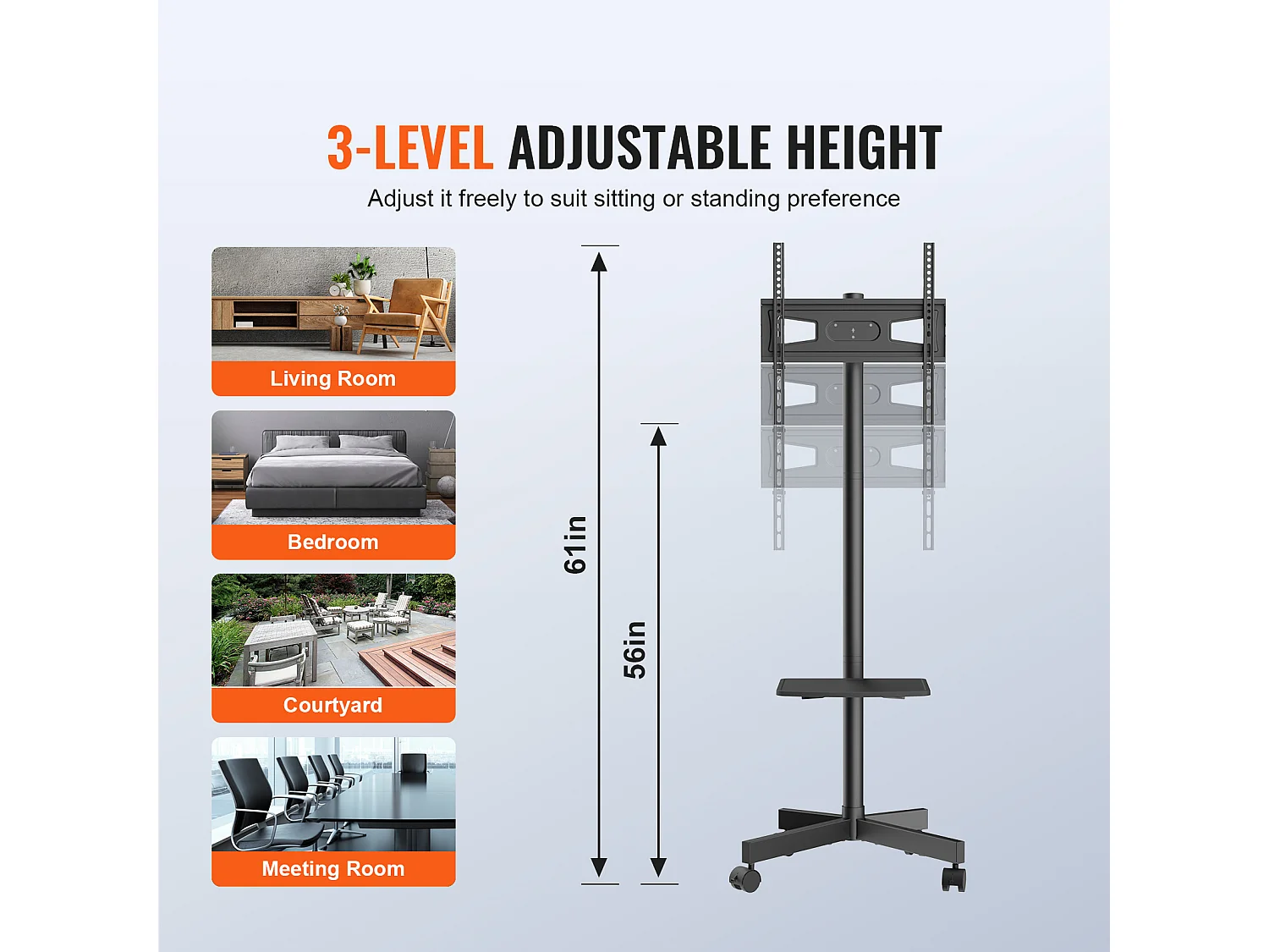 Support TV SucceBuy Mobile pour Téléviseurs de 58 à 152cm, avec Roulettes et Plateau, Portable, Facile à Déplacer dans Différentes Pièces