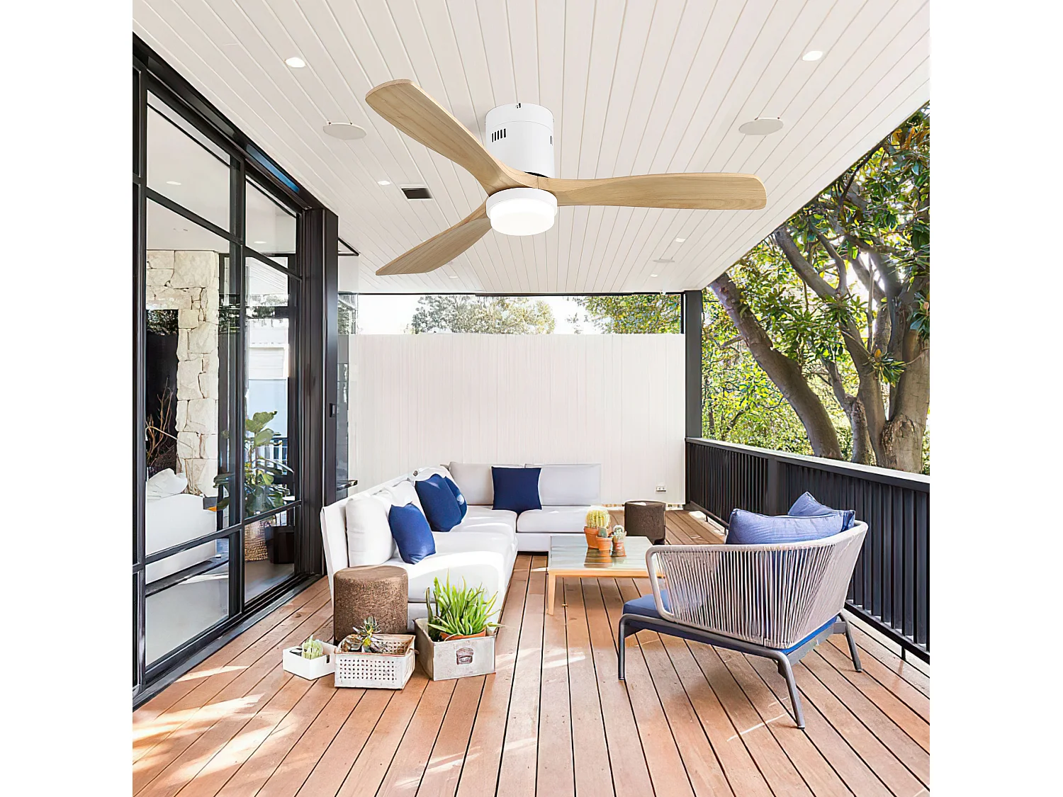 Ventilateur de plafond blanc 52 pouces - Ventilateur de plafond à 3 pales et lumières LED - télécommande 6 vitesses - pour salon