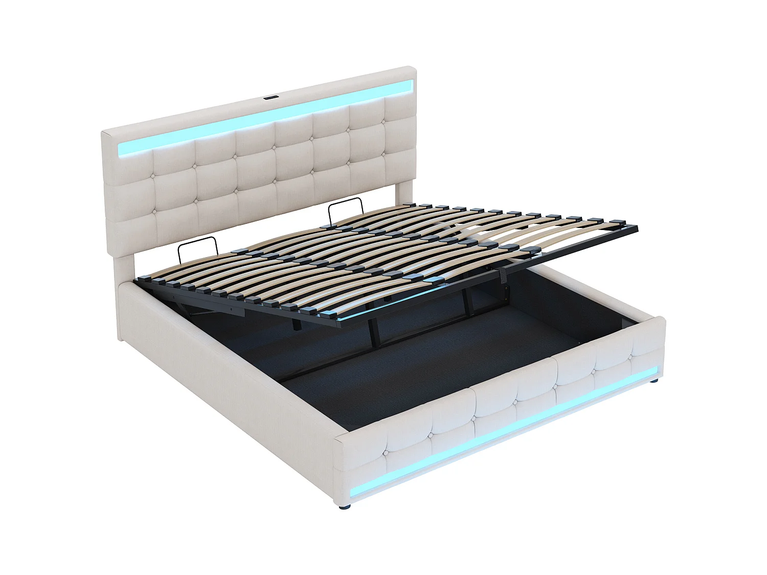Lit coffre 180x200 cm - Lit enfant avec chargement USB et lumière LED - lin beige-sans matelas