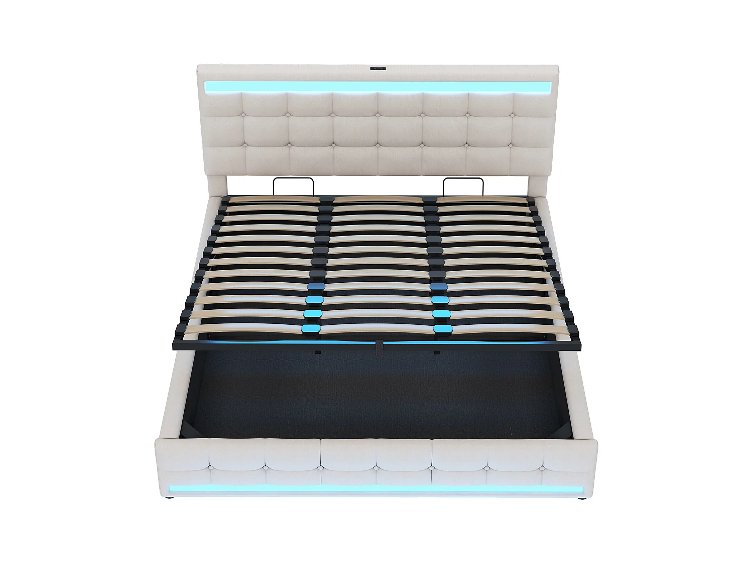 Lit coffre 180x200 cm - Lit enfant avec chargement USB et lumière LED - lin beige-sans matelas