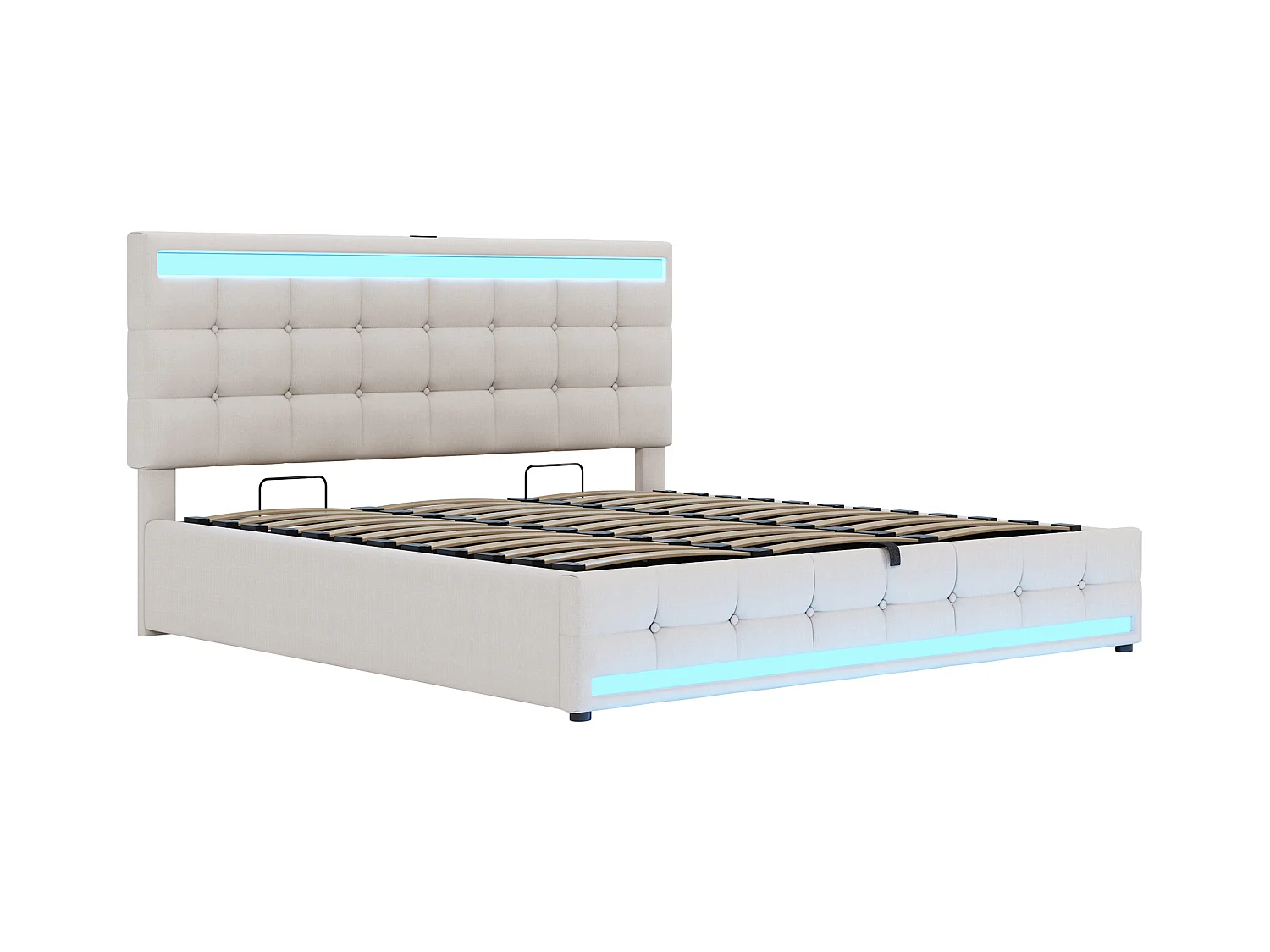 Łóżko z pojemnikiem 180 x 200 cm - Łóżko dla dzieci z ładowaniem USB i oświetleniem LED - beżowy len - bez materaca