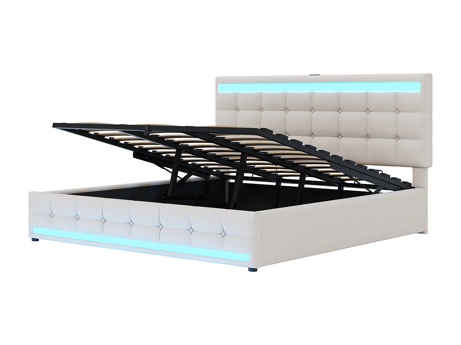 Lit coffre 180x200 cm - Lit enfant avec chargement USB et lumière LED - lin beige-sans matelas