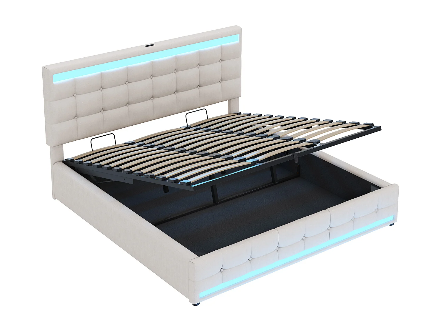 Lit coffre 180x200 cm - Lit enfant avec chargement USB et lumière LED - lin beige-sans matelas