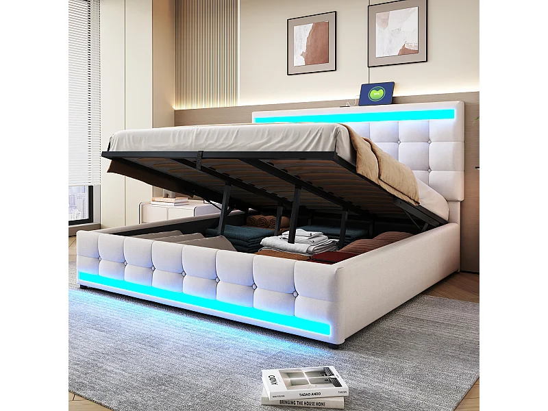 Lit coffre 180x200 cm - Lit enfant avec chargement USB et lumière LED - lin beige-sans matelas