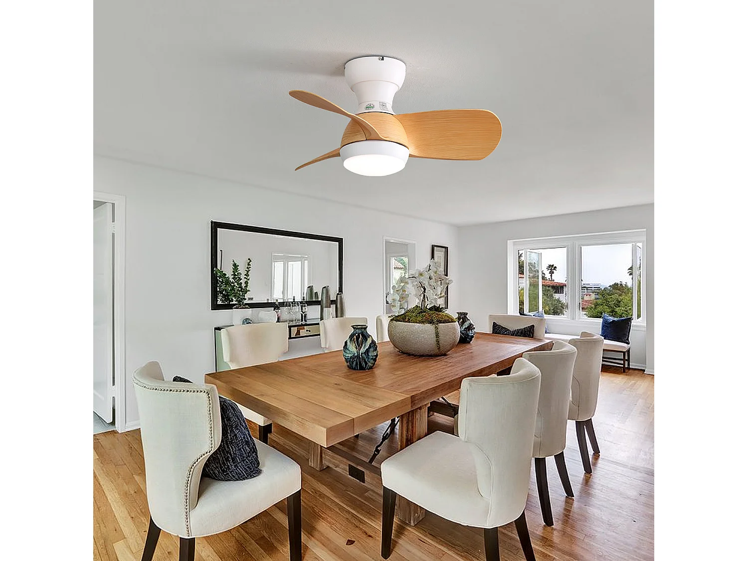 Ventilateur de plafond en bois clair de 23 pouces - Ventilateur de plafond avec lumière LED et 3 pales en ABS - pour chambre à coucher