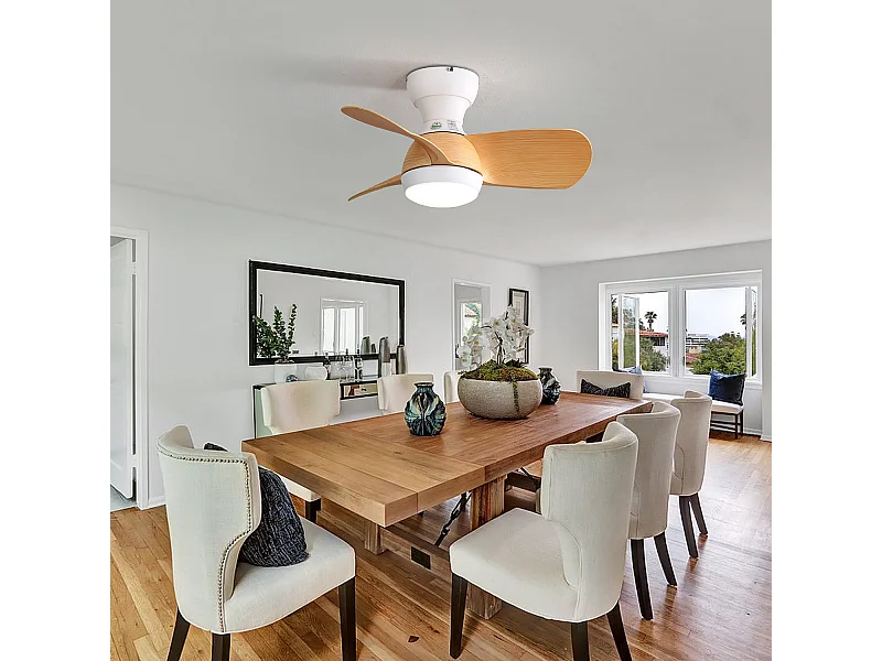 Ventilateur de plafond en bois clair de 23 pouces - Ventilateur de plafond avec lumière LED et 3 pales en ABS - pour chambre à coucher