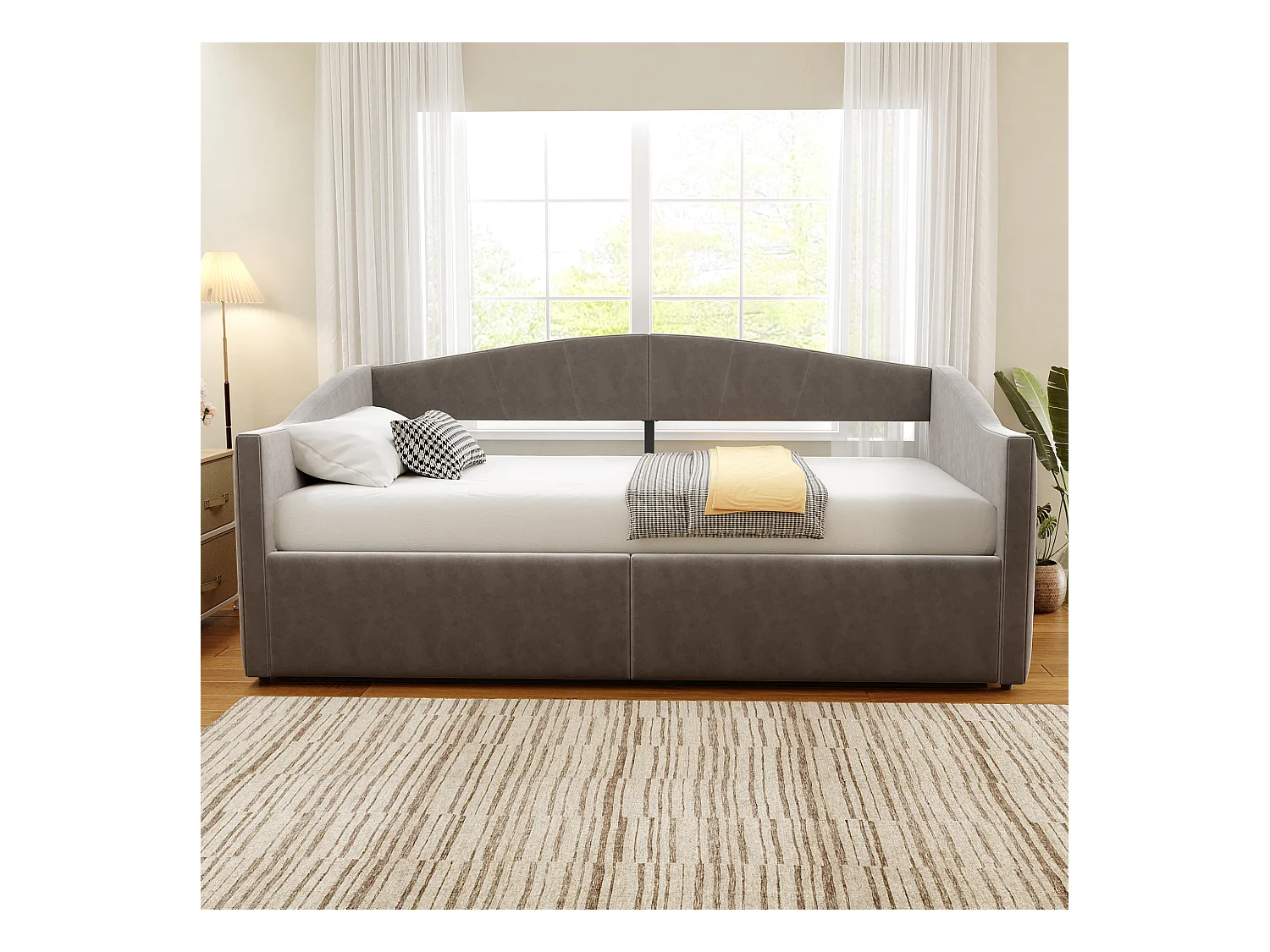 Stauraumbett 90x200 cm - Kinderbett mit Lattenrost und Armlehnen - samt grau - ohne matratze