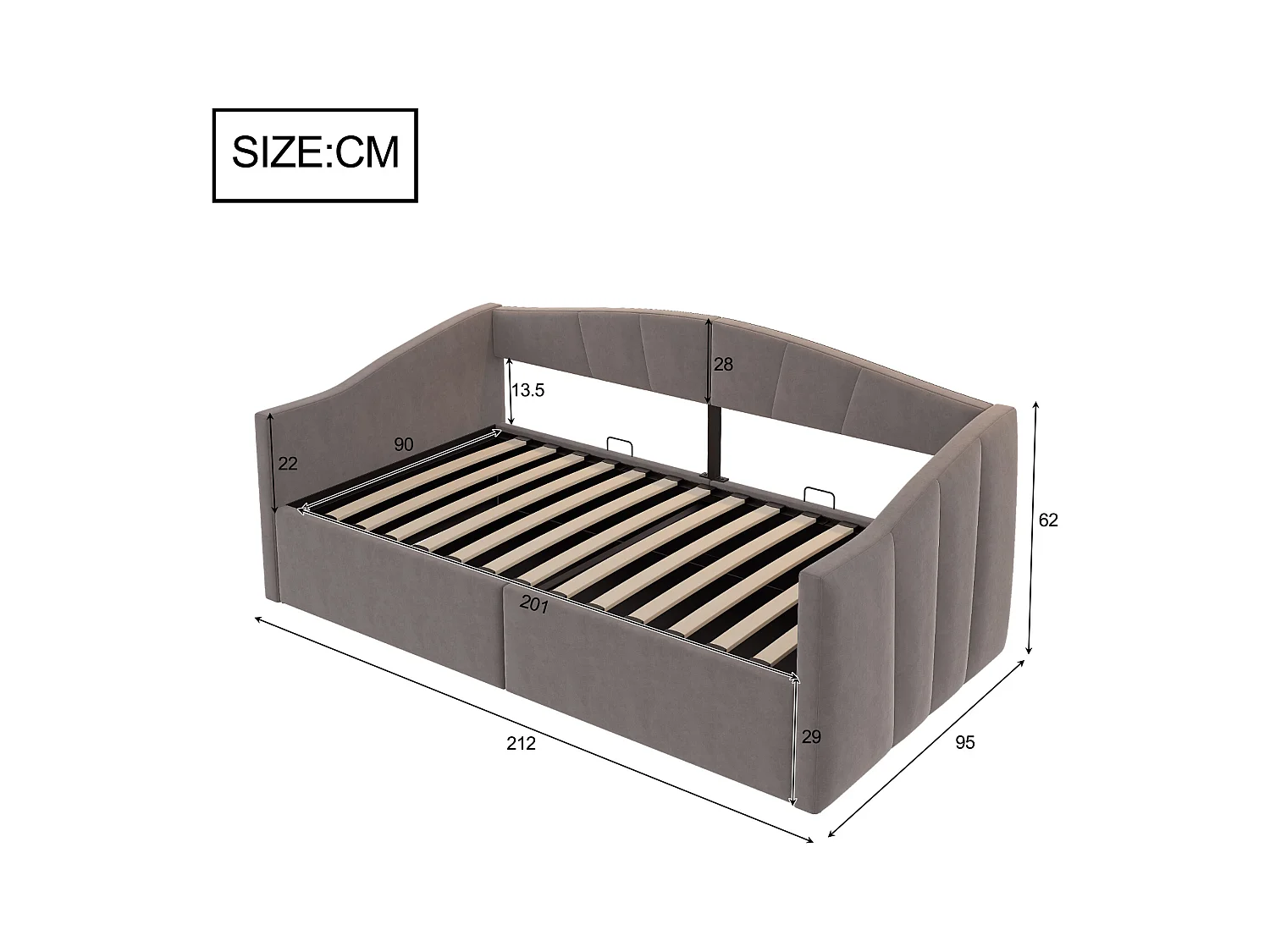 Stauraumbett 90x200 cm - Kinderbett mit Lattenrost und Armlehnen - samt grau - ohne matratze