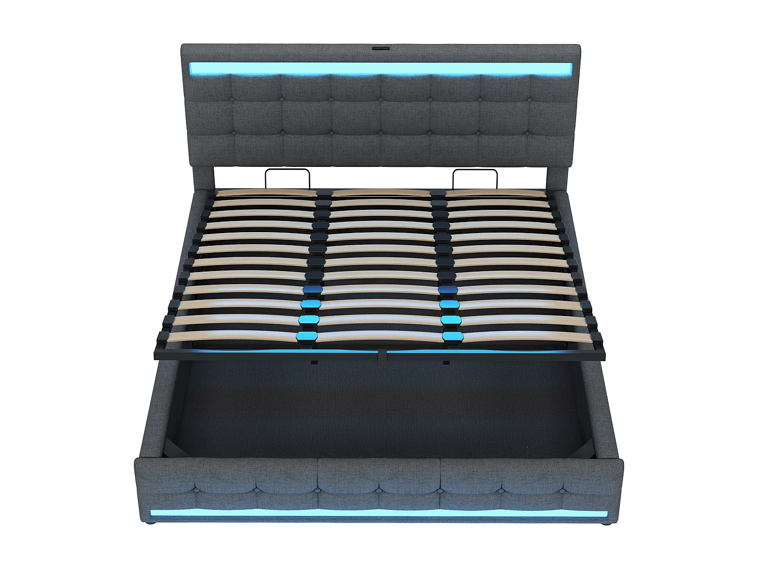 Stauraumbett 180x200 cm - Kinderbett mit USB-Ladefunktion und LED-Licht - graues leinen - ohne matratze