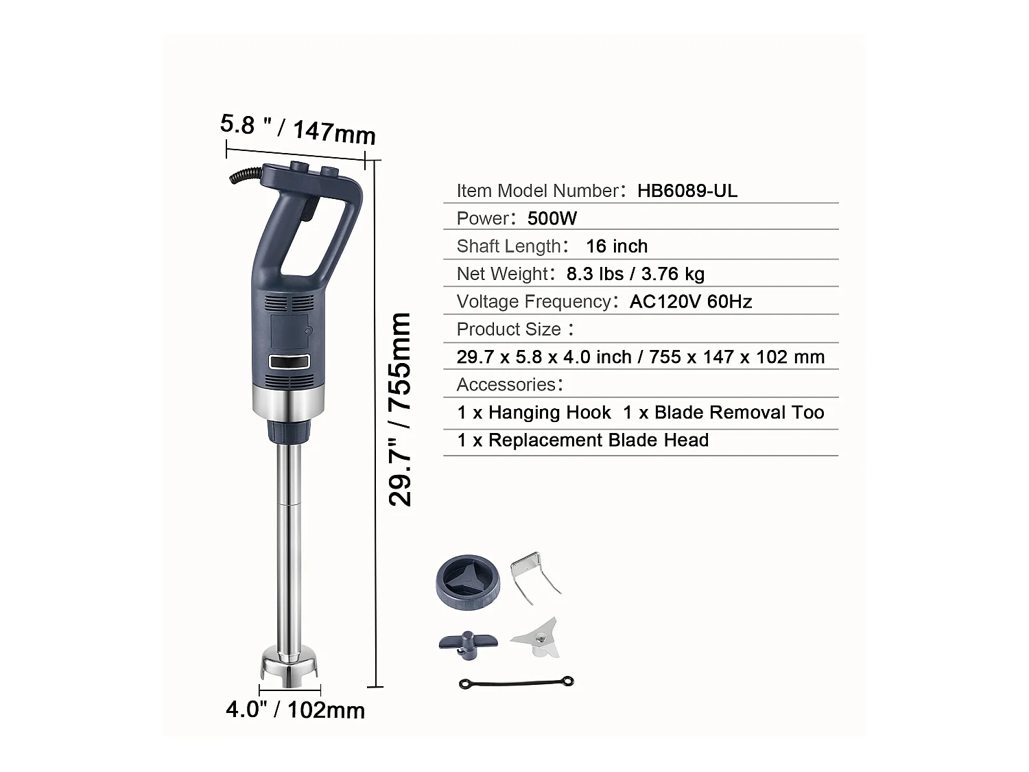 Mixeur Plongeant Commercial SucceBuy, 500 W, Vitesse Variable, Idéal pour Diverses Sauces, Soupes et Plus Encore