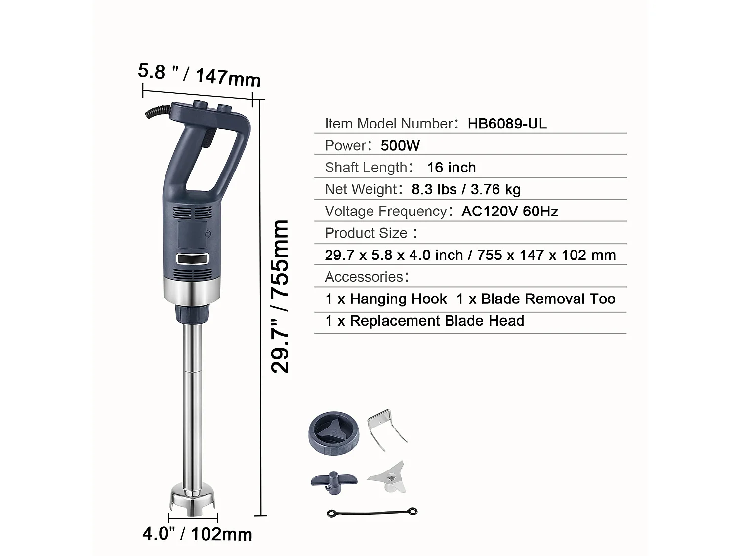 Mixeur Plongeant Commercial SucceBuy, 500 W, Vitesse Variable, Idéal pour Diverses Sauces, Soupes et Plus Encore