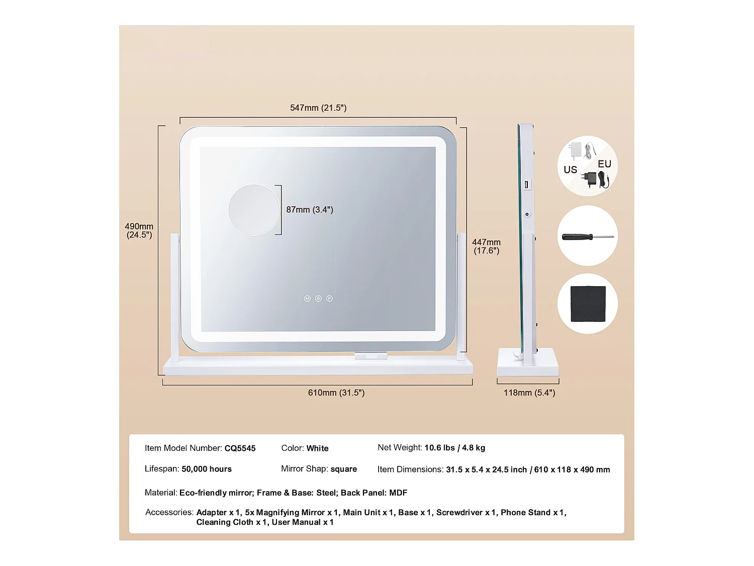 Make-upspiegel, SucceBuy Verlichte Make-upspiegel - 3 Kleuren, 5x, USB, 55.7 × 45.7 cm, Wit