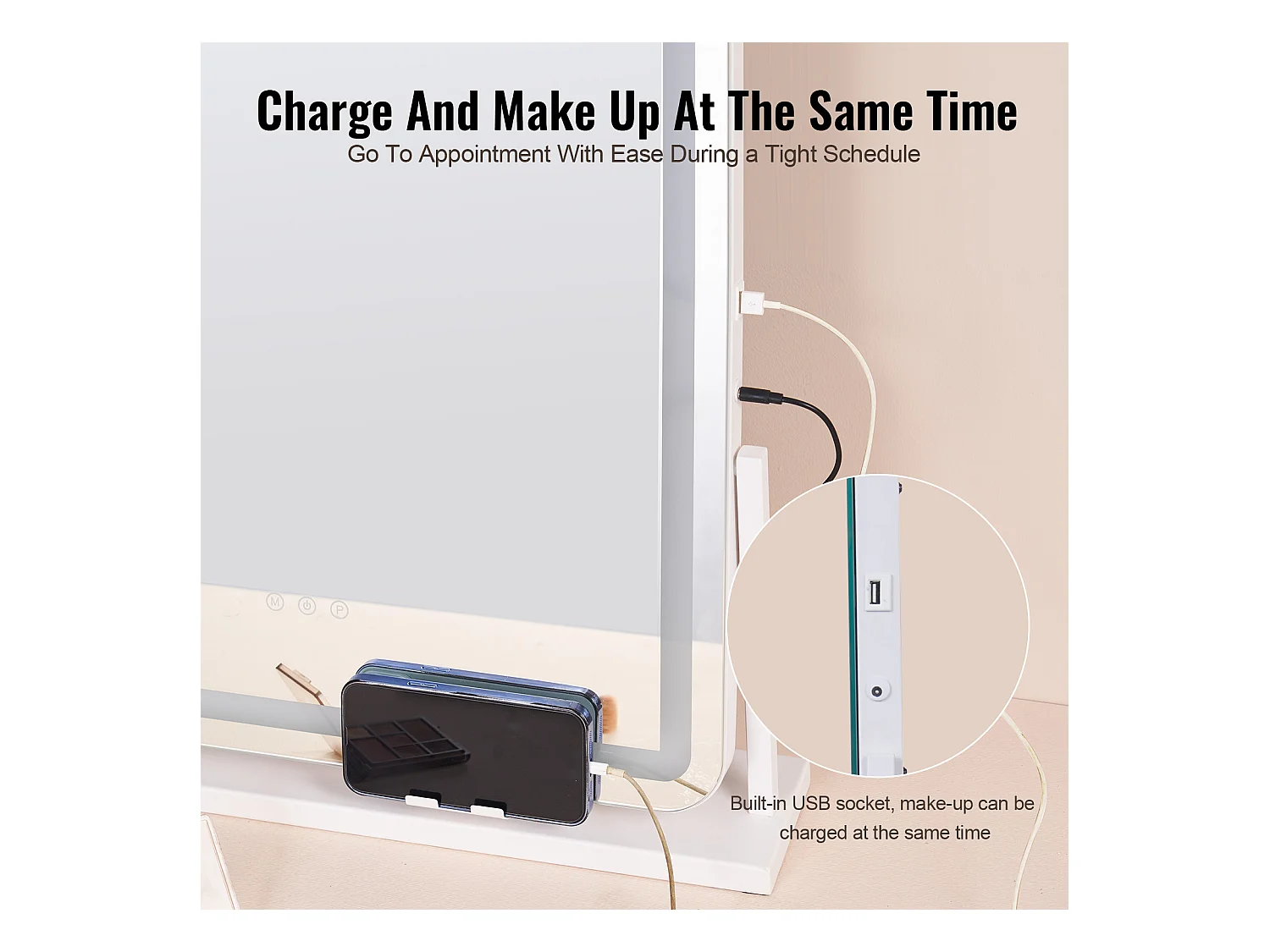 Make-upspiegel, SucceBuy Verlichte Make-upspiegel - 3 Kleuren, 5x, USB, 55.7 × 45.7 cm, Wit