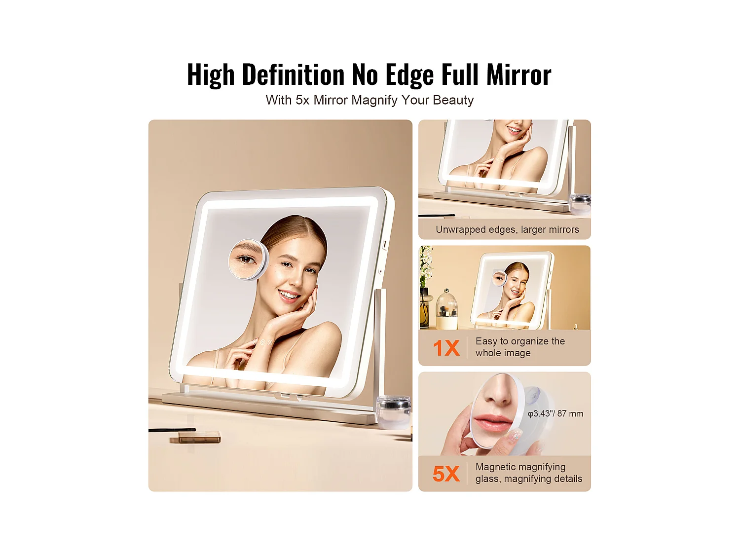 Espejo de Maquillaje, SucceBuy Espejo de Maquillaje Iluminado - 3 Colores, 5 Aumentos, USB, 55.7 × 45.7 cm, Blanco