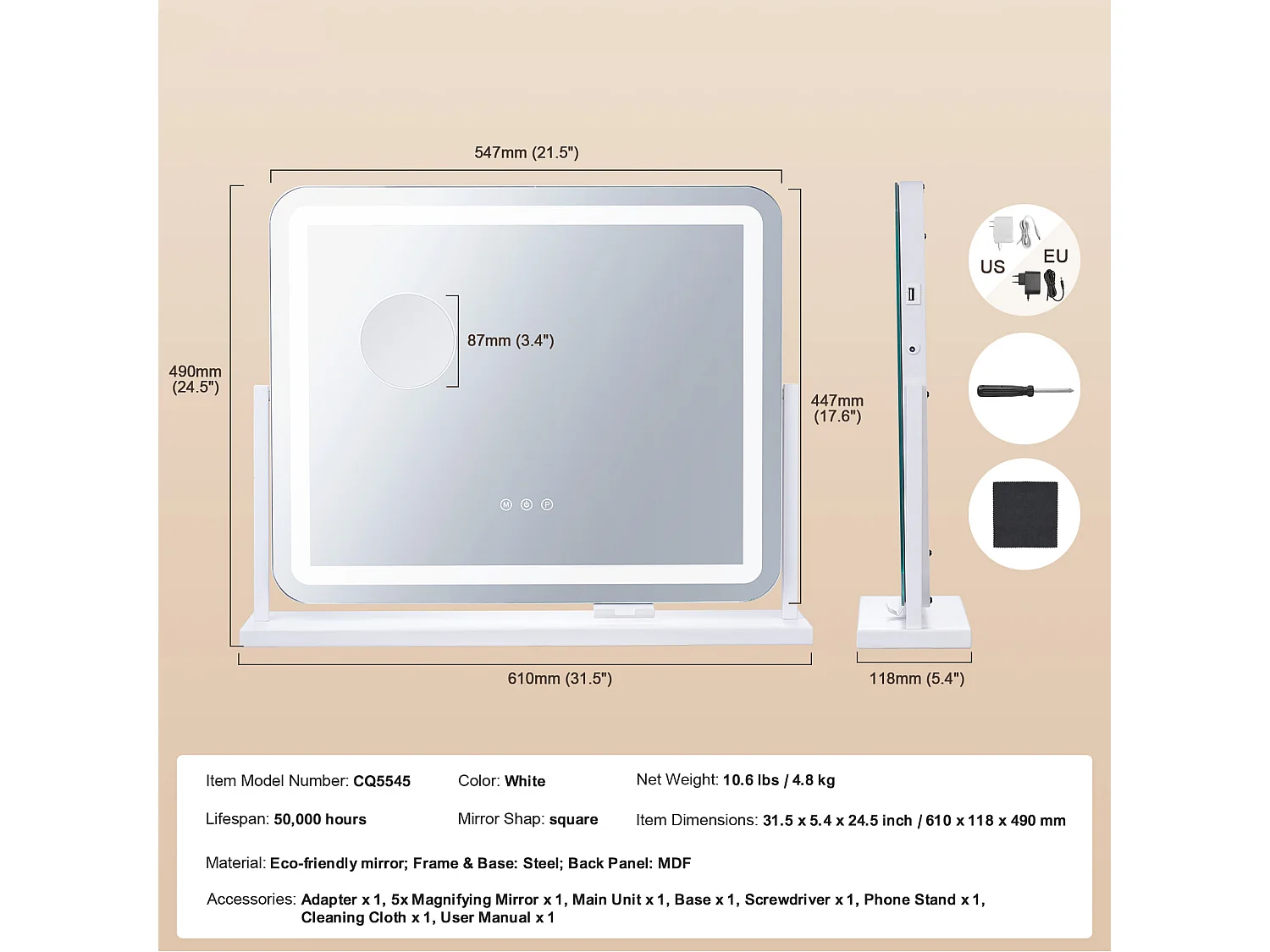 Miroir de Maquillage, SucceBuy Miroir de Maquillage Éclairé - 3 Couleurs, 5X, USB, 55.7 × 45.7 cm, Blanc