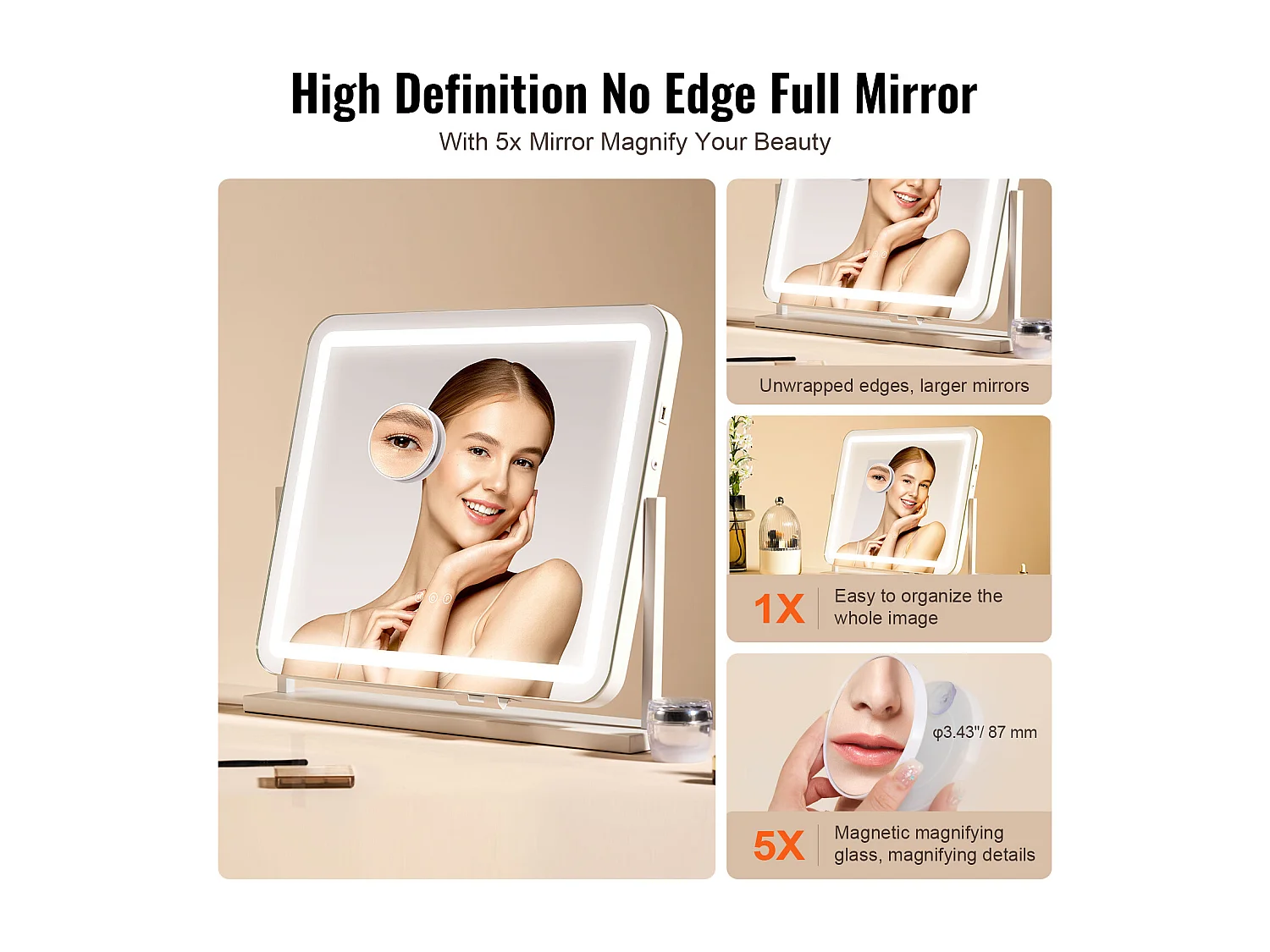 Miroir de Maquillage, SucceBuy Miroir de Maquillage Éclairé - 3 Couleurs, 5X, USB, 55.7 × 45.7 cm, Blanc
