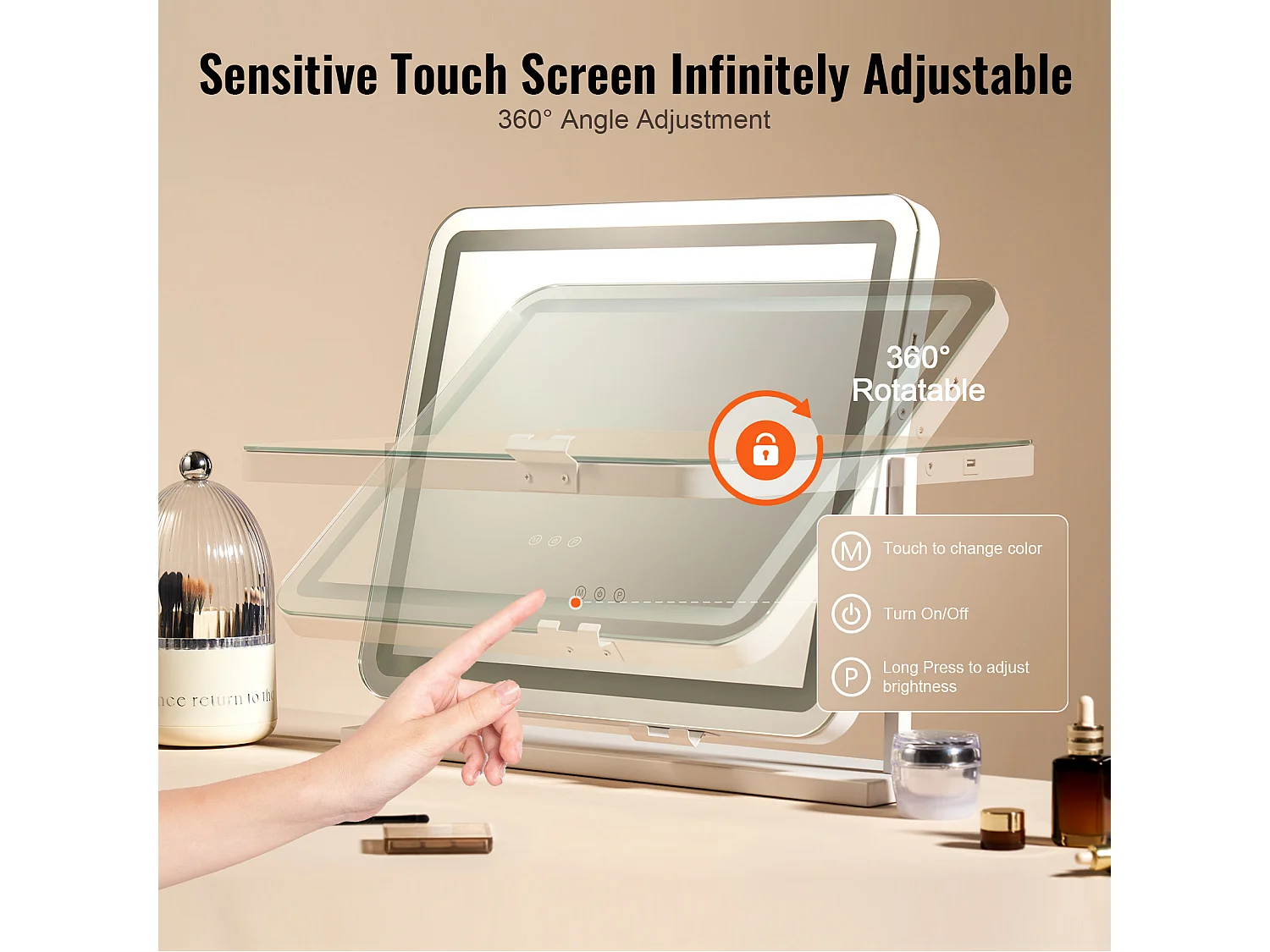 Miroir de Maquillage, SucceBuy Miroir de Maquillage Éclairé - 3 Couleurs, 5X, USB, 55.7 × 45.7 cm, Blanc