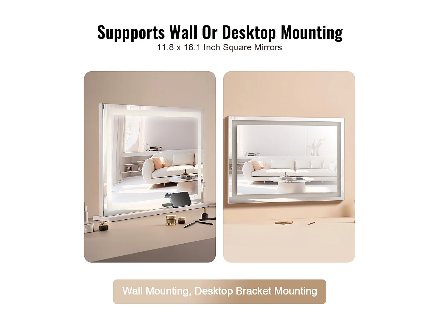 Miroir de Maquillage, SucceBuy Miroir de Maquillage Éclairé - 3 Couleurs, USB, 80 × 55 cm, Blanc