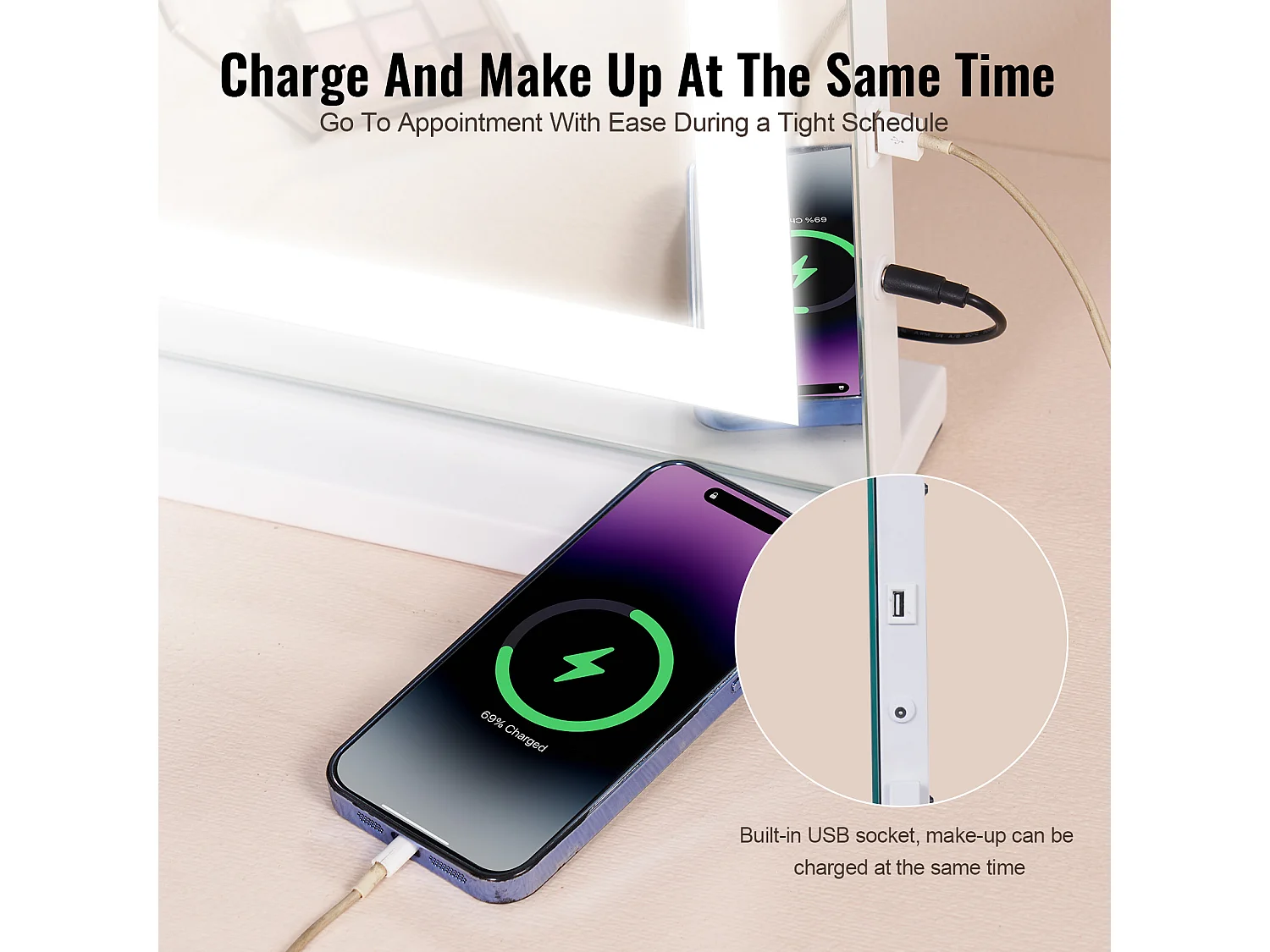 Miroir de Maquillage, SucceBuy Miroir de Maquillage Éclairé - 3 Couleurs, USB, 80 × 55 cm, Blanc