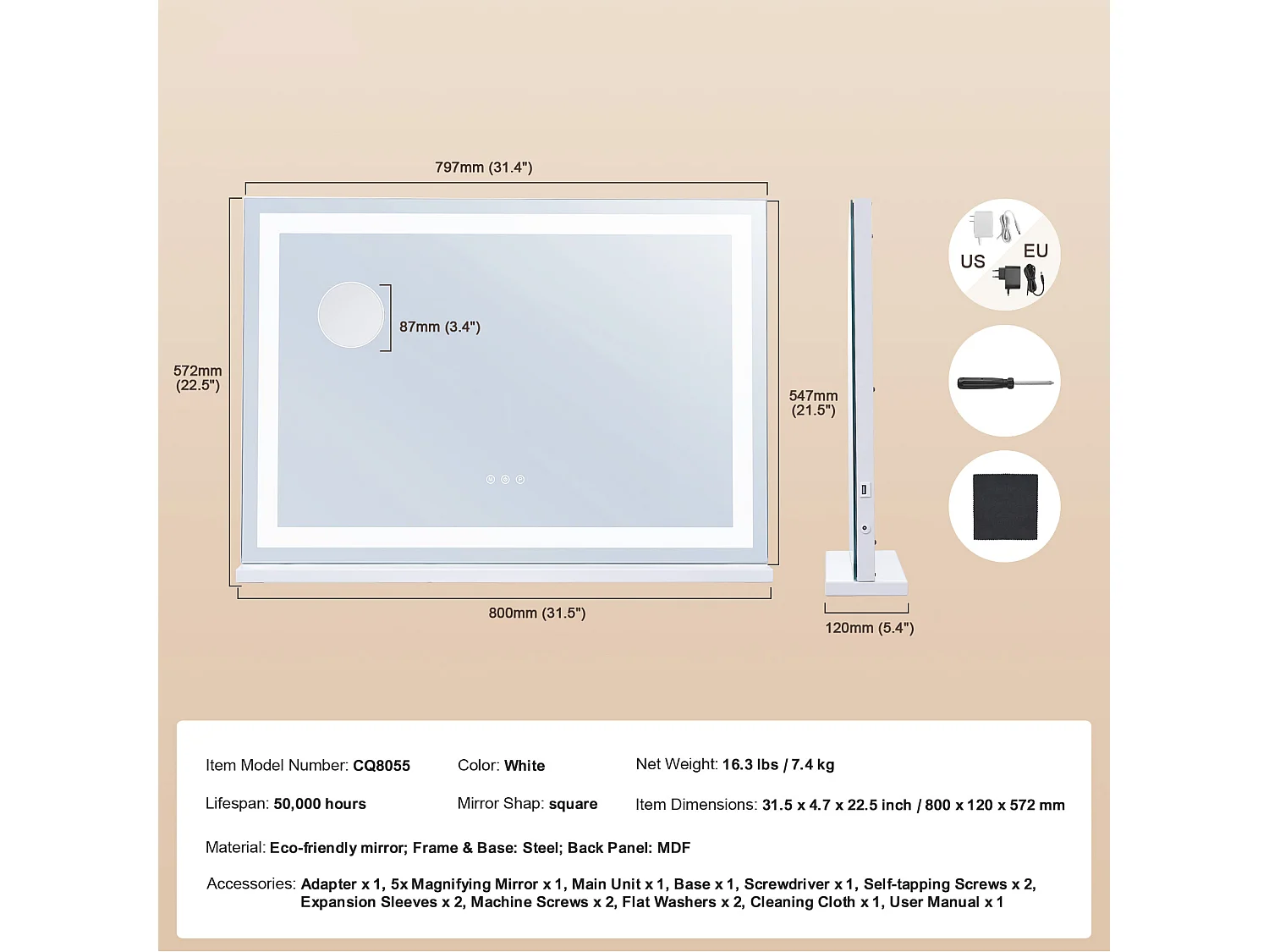 Espelho de Maquilhagem, SucceBuy Espelho de Maquilhagem Iluminado - 3 Cores, USB, 80 × 55 cm, Branco