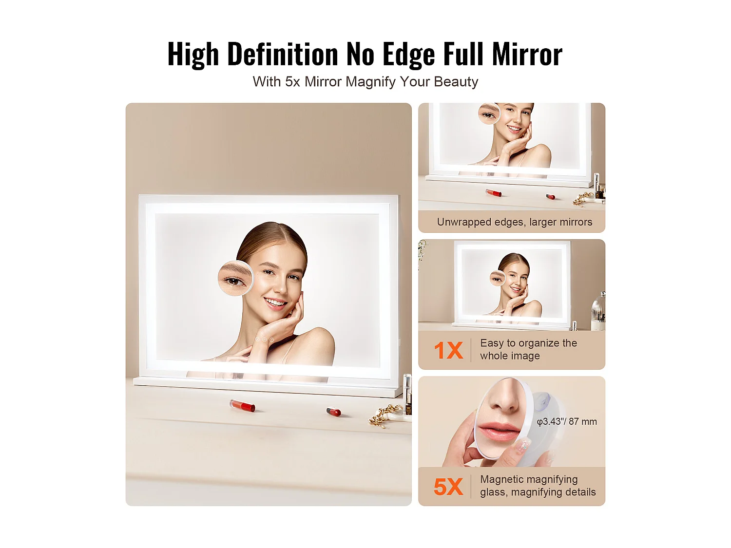 Espelho de Maquilhagem, SucceBuy Espelho de Maquilhagem Iluminado - 3 Cores, USB, 80 × 55 cm, Branco