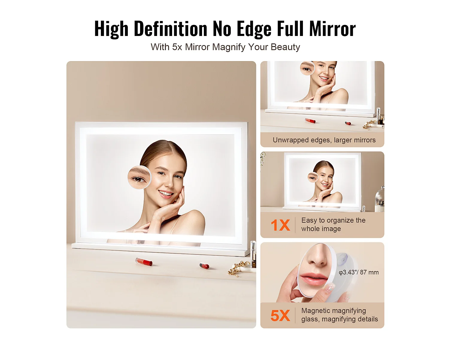 Miroir de Maquillage, SucceBuy Miroir de Maquillage Éclairé - 3 Couleurs, USB, 80 × 55 cm, Blanc