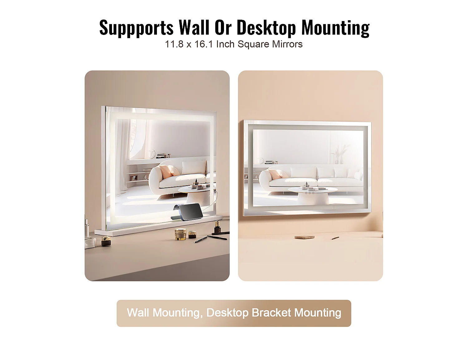 Miroir de Maquillage, SucceBuy Miroir de Maquillage Éclairé - 3 Couleurs, USB, 80 × 55 cm, Blanc