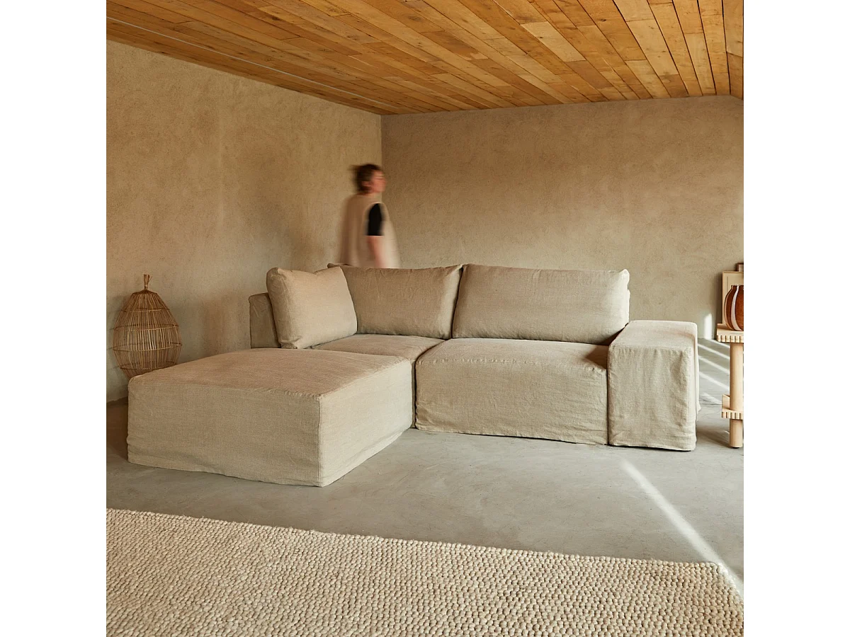 Canapé d’angle modulable en lin naturel avec méridienne Nils, 2 places