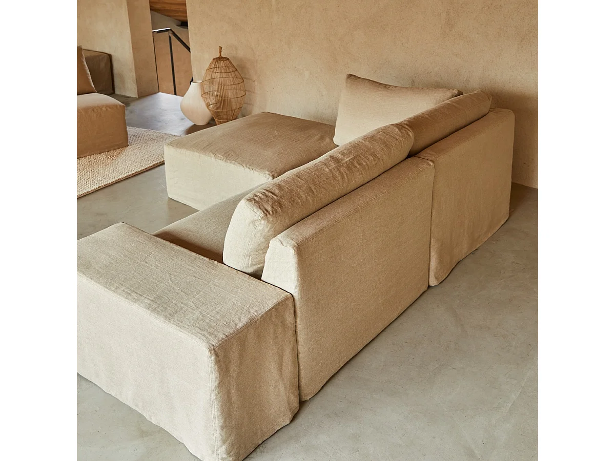 Canapé d’angle modulable en lin naturel avec méridienne Nils, 2 places